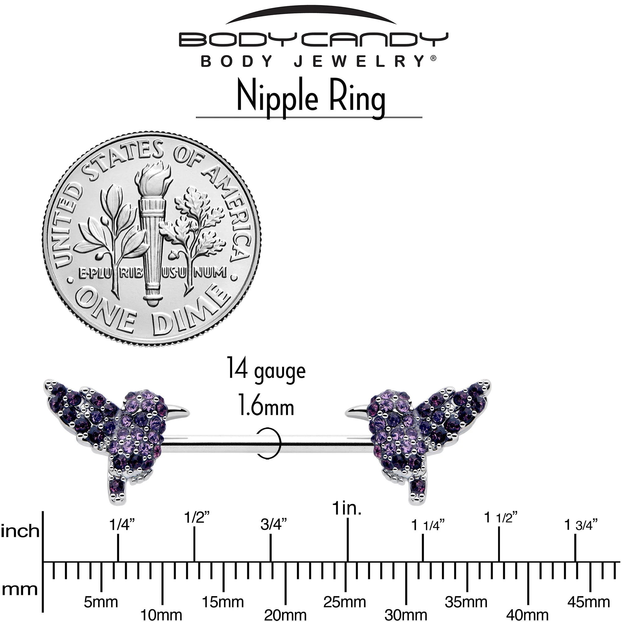 14G 9/16 Purple Gem Hummingbird Flair Barbell Nipple Ring Set - Image 5