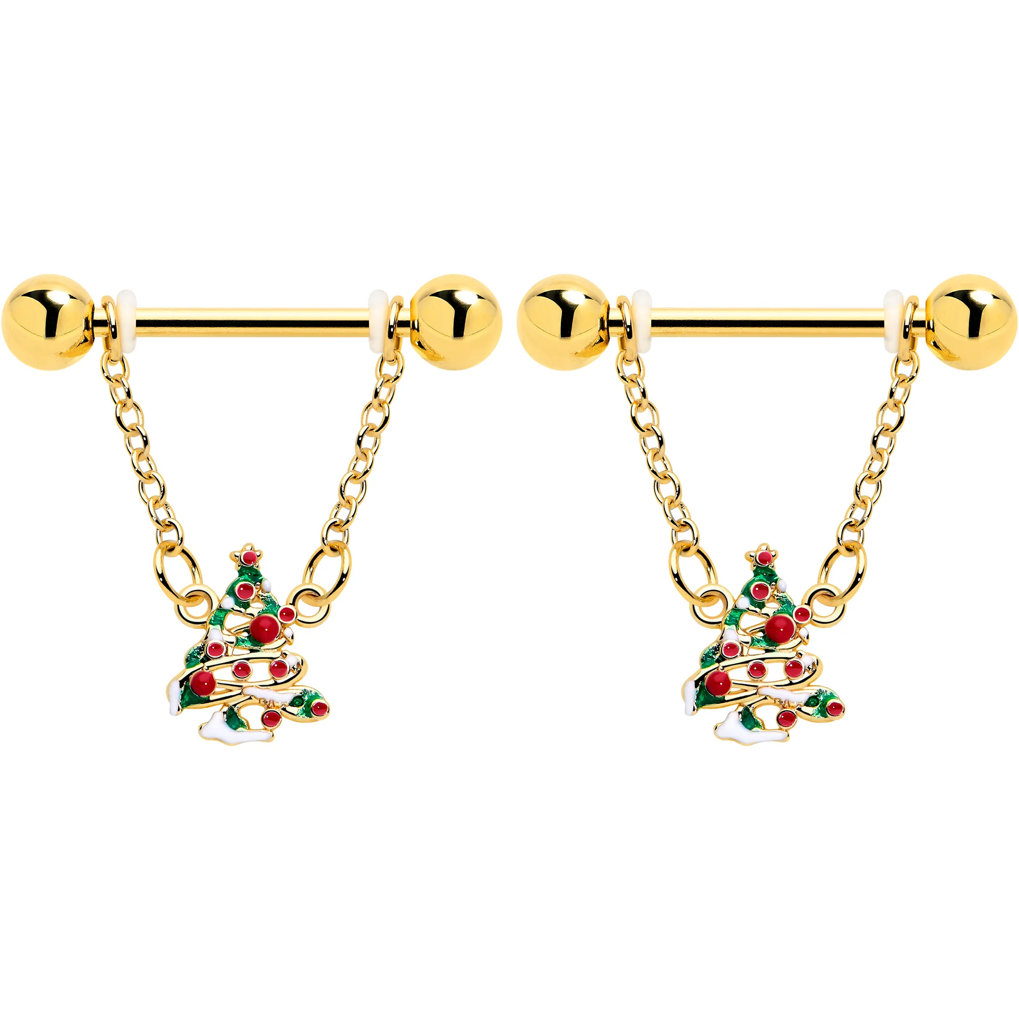 14G 9/16 Red Gem Gold Tone Snowy Christmas Tree Chain Dangle Nipple Ring Set - Image 2