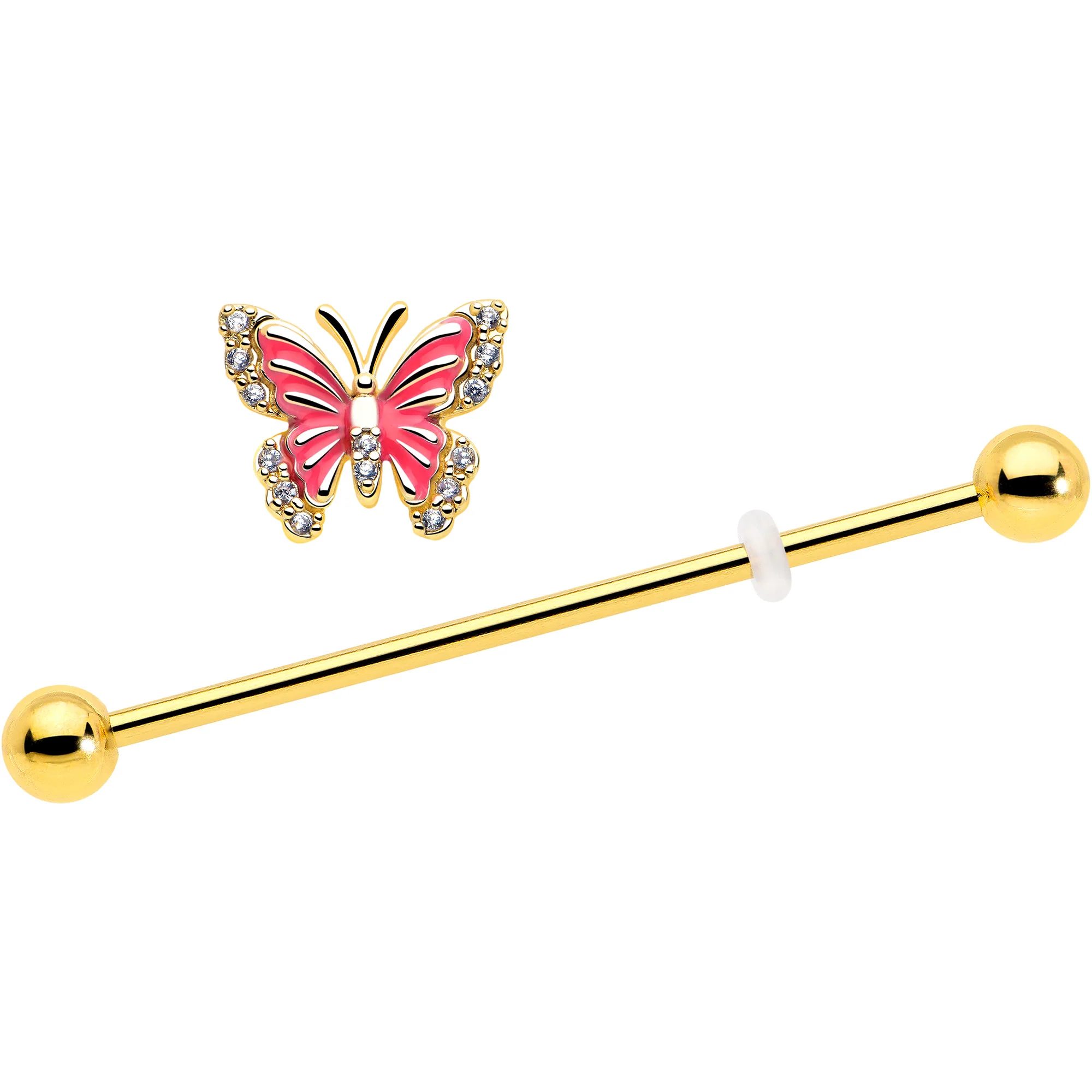 14G Clear CZ Gem Gold Tone Butterfly Pink Splash Industrial Barbell 38mm - Image 2