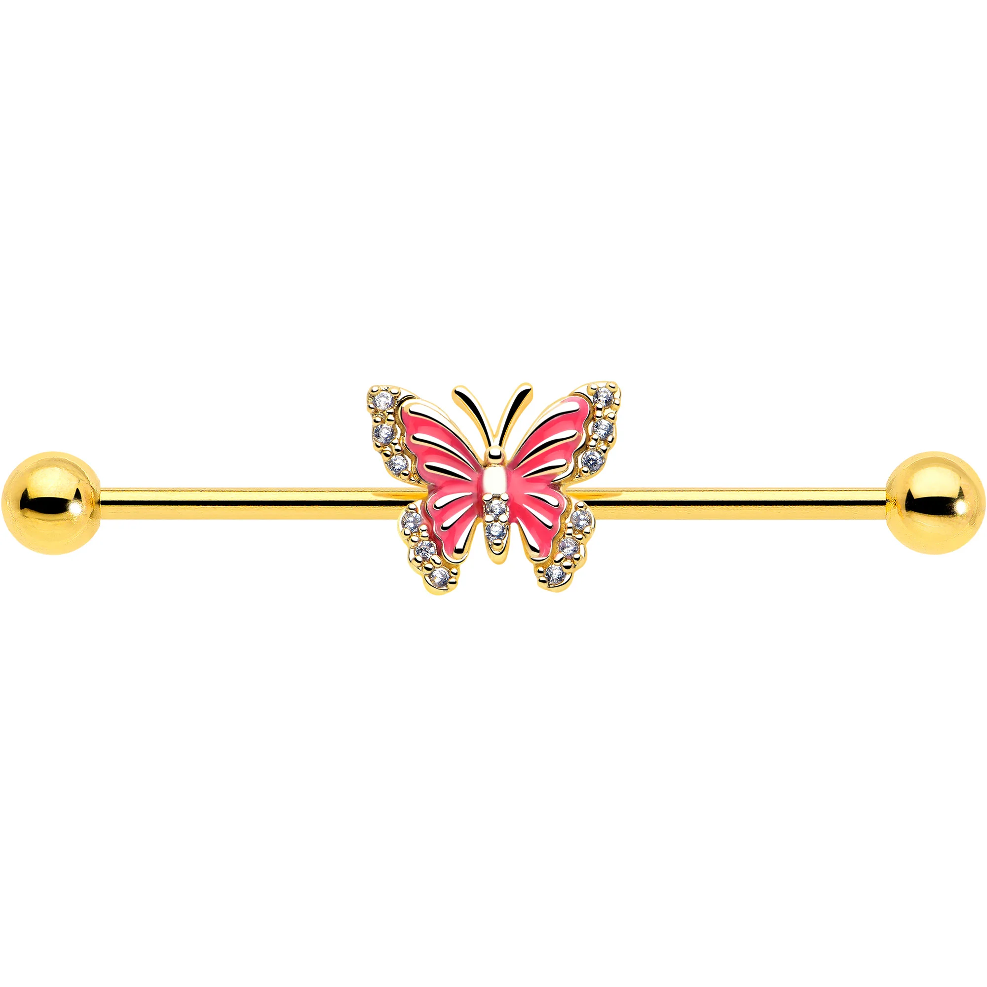 14G Clear CZ Gem Gold Tone Butterfly Pink Splash Industrial Barbell 38mm - Image 3