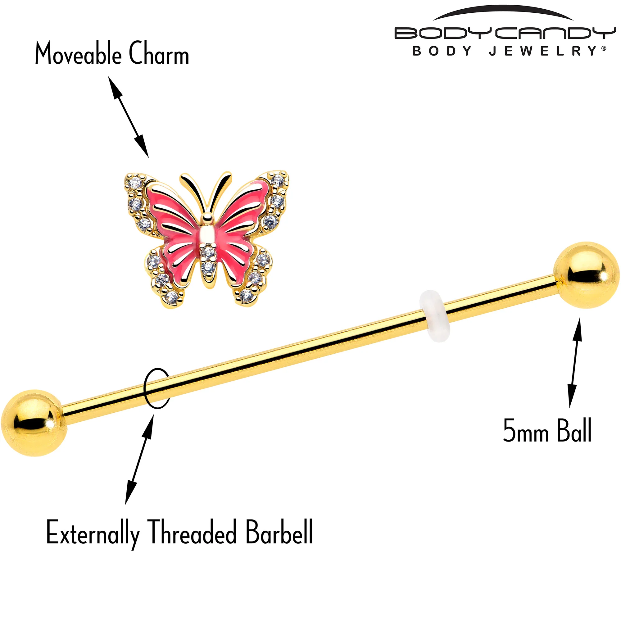 14G Clear CZ Gem Gold Tone Butterfly Pink Splash Industrial Barbell 38mm - Image 4