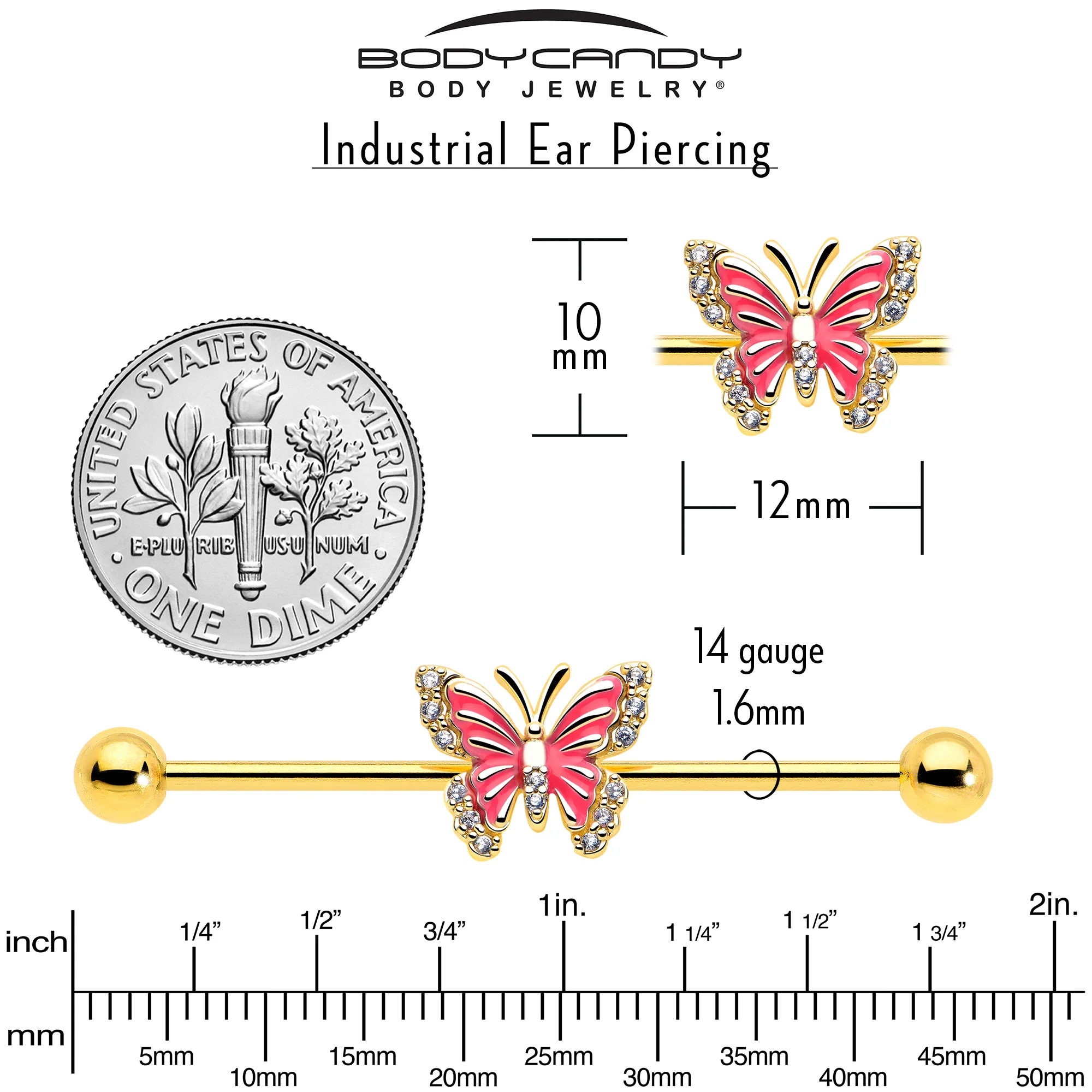 14G Clear CZ Gem Gold Tone Butterfly Pink Splash Industrial Barbell 38mm - Image 5