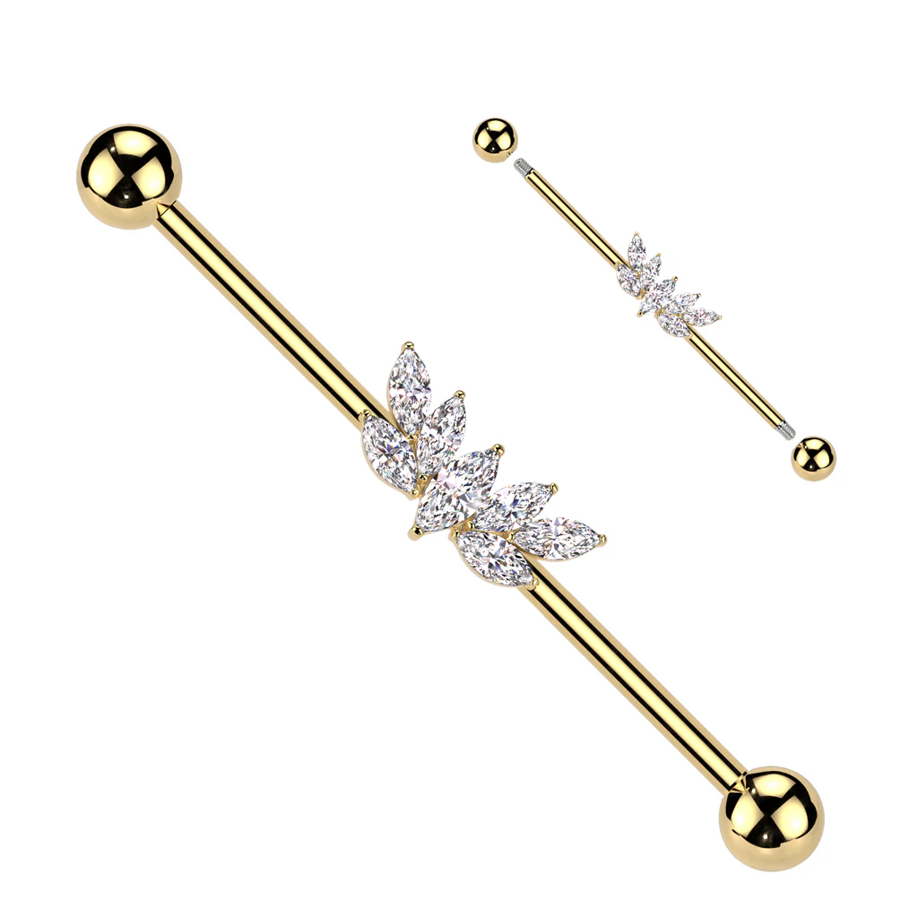 14G Clear CZ Gem Gold Tone Fabulous Fan Industrial Barbell 38mm
