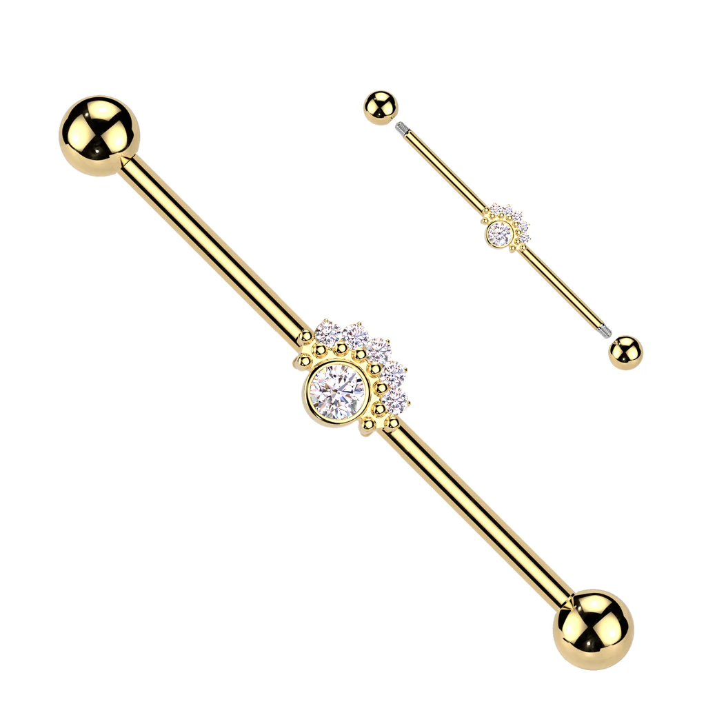 14G Clear CZ Gem Gold Tone Super Fan Industrial Barbell 38mm