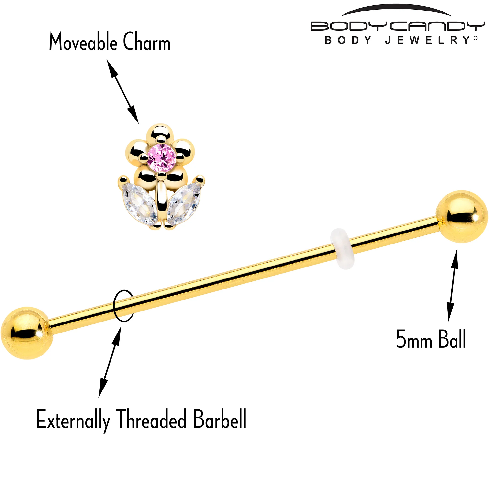 14G Clear Pink CZ Gem Gold Tone Bead Flower Industrial Barbell 38mm - Image 4