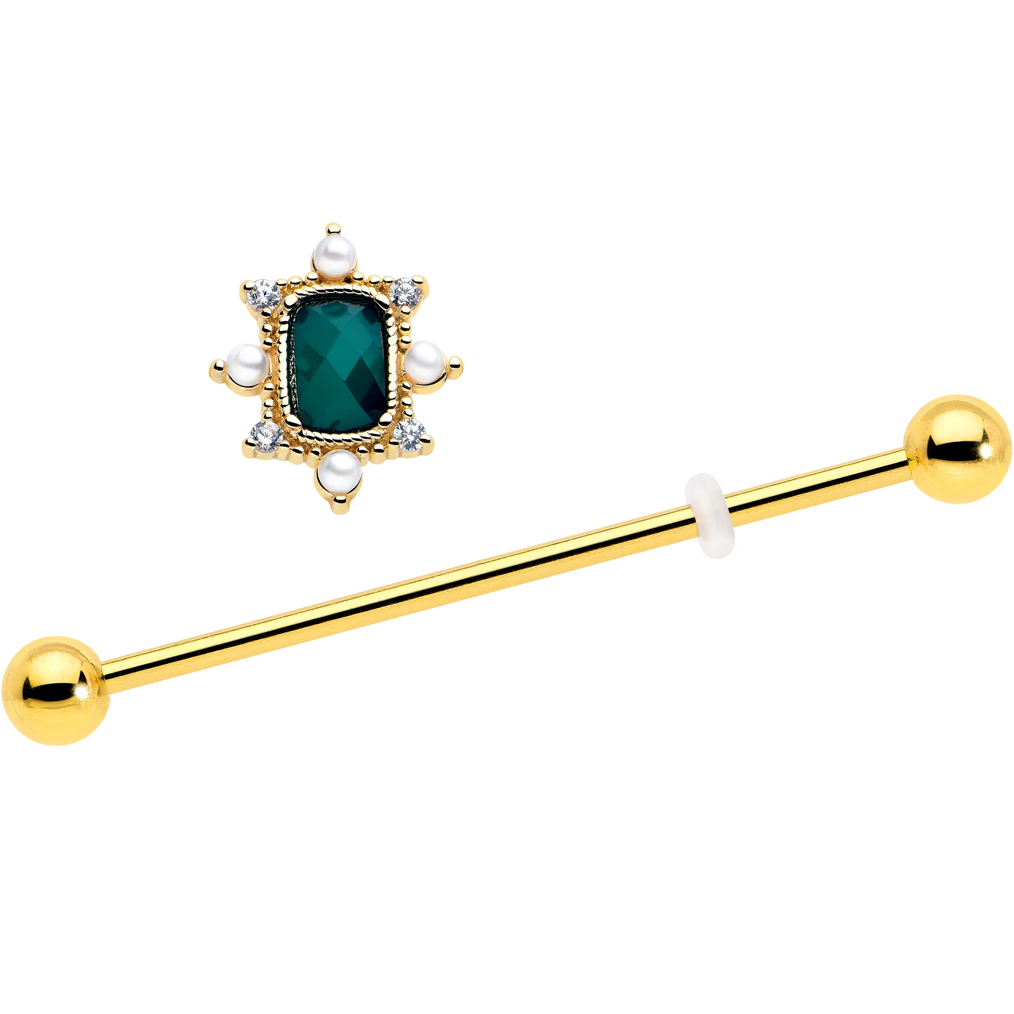 14G Green CZ Gem Gold Tone Royal Beauty Industrial Barbell 38mm - Image 2