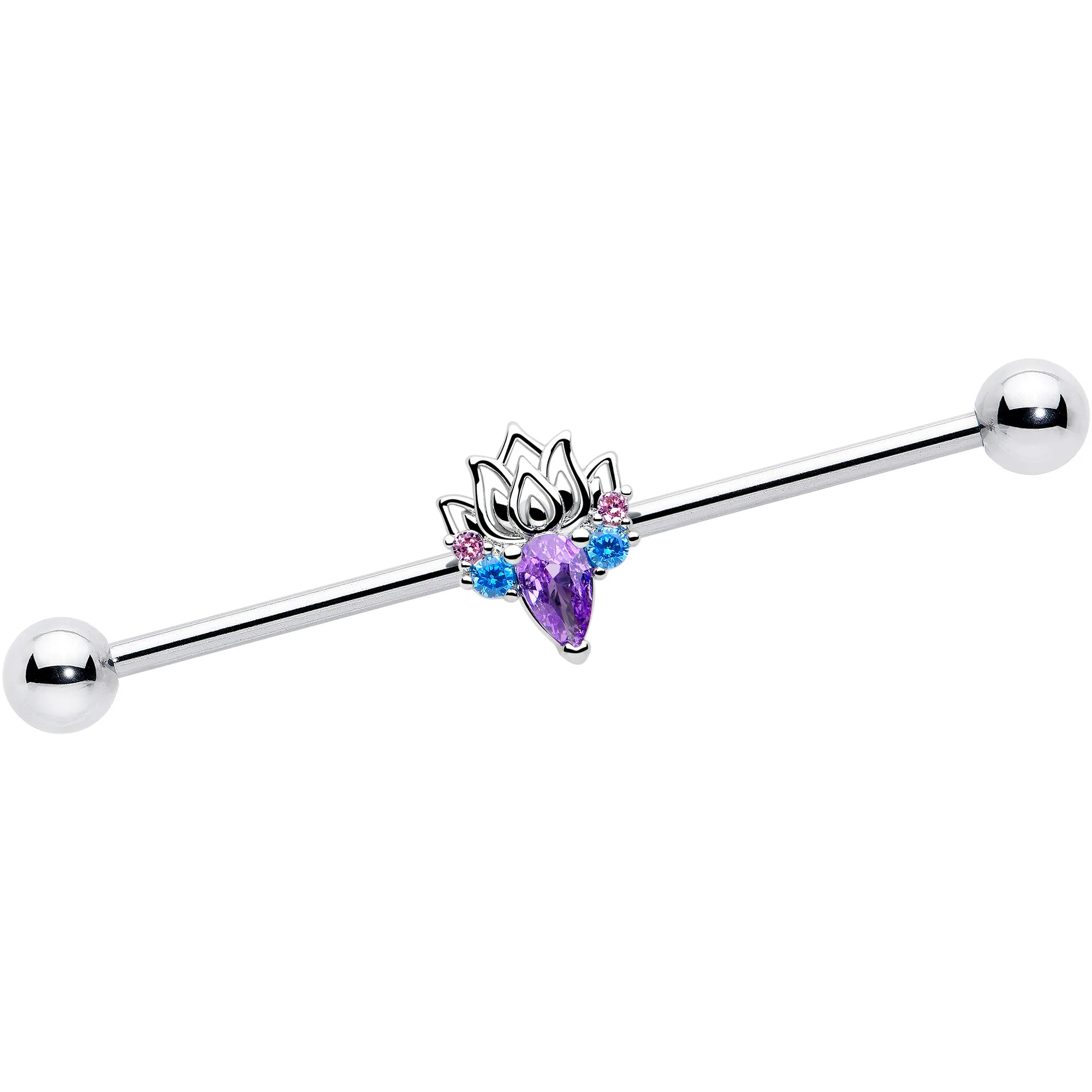 14G Purple Blue CZ Gem Fire Lotus Industrial Barbell 38mm