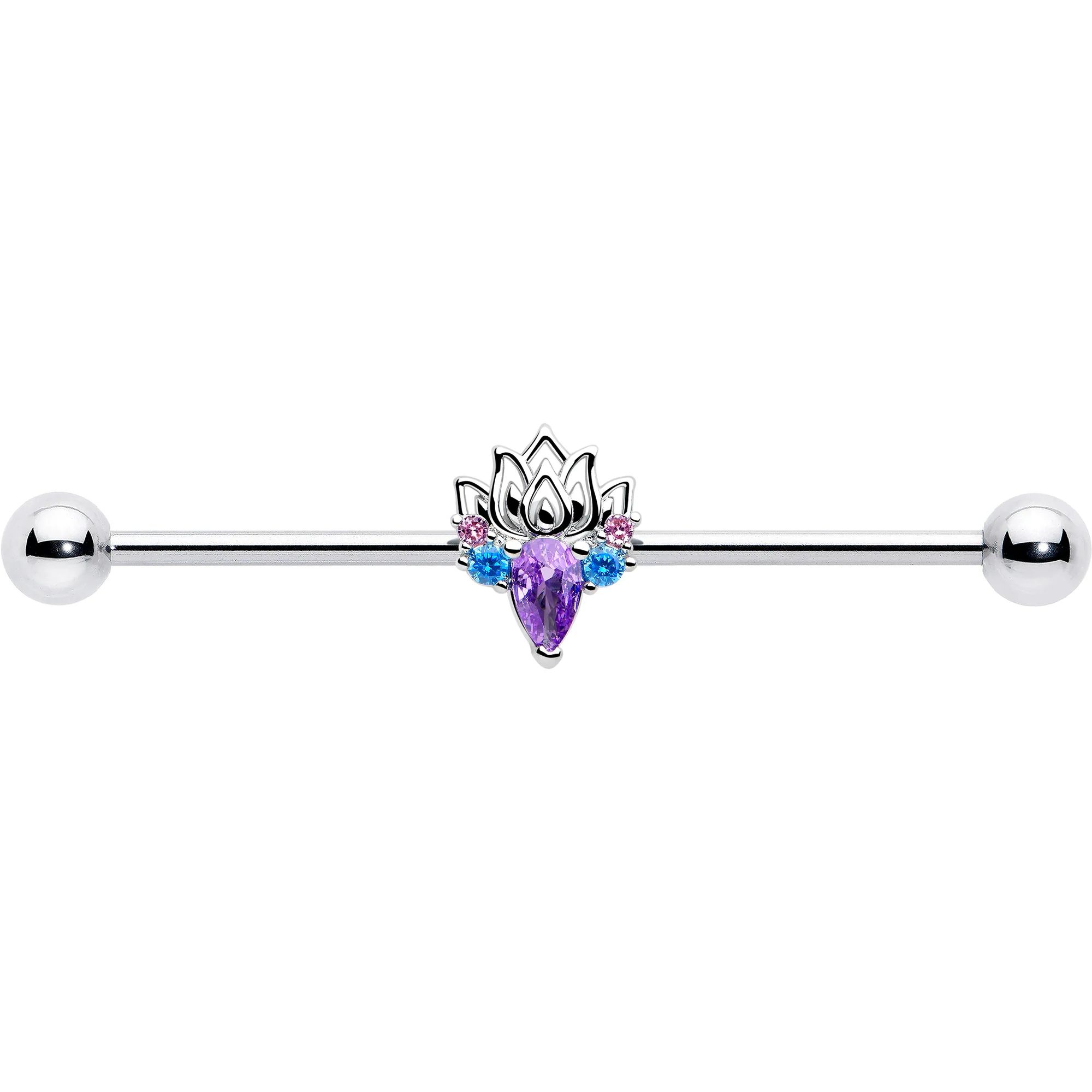 14G Purple Blue CZ Gem Fire Lotus Industrial Barbell 38mm - Image 3