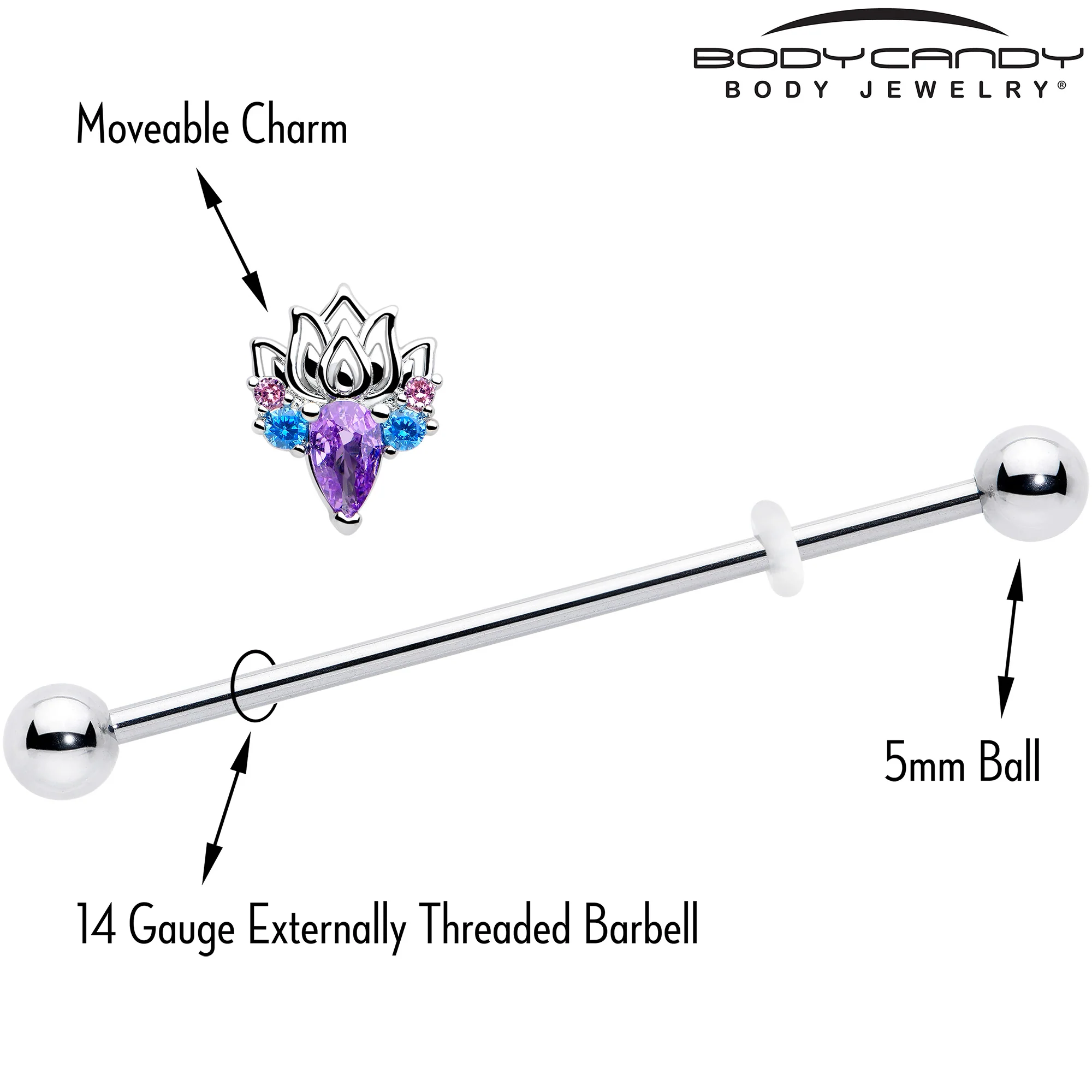 14G Purple Blue CZ Gem Fire Lotus Industrial Barbell 38mm - Image 4