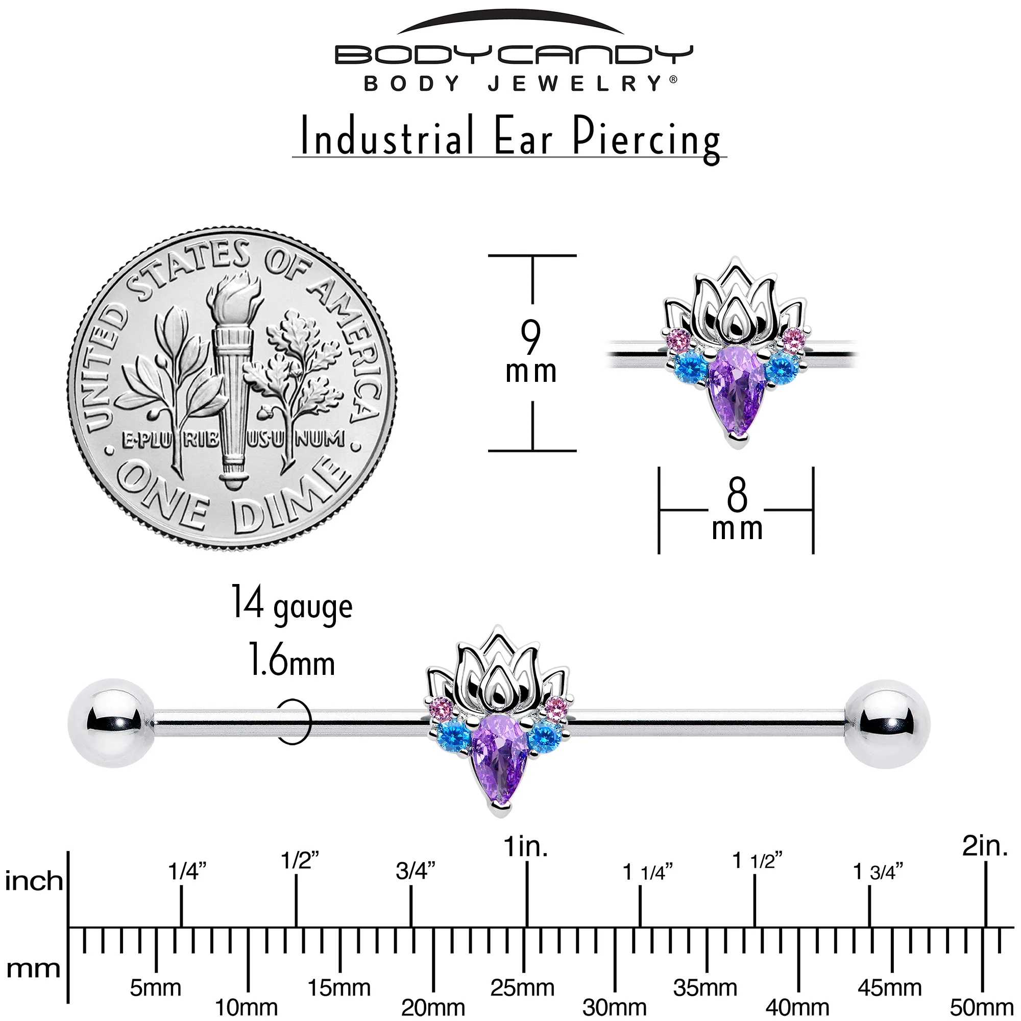 14G Purple Blue CZ Gem Fire Lotus Industrial Barbell 38mm - Image 5