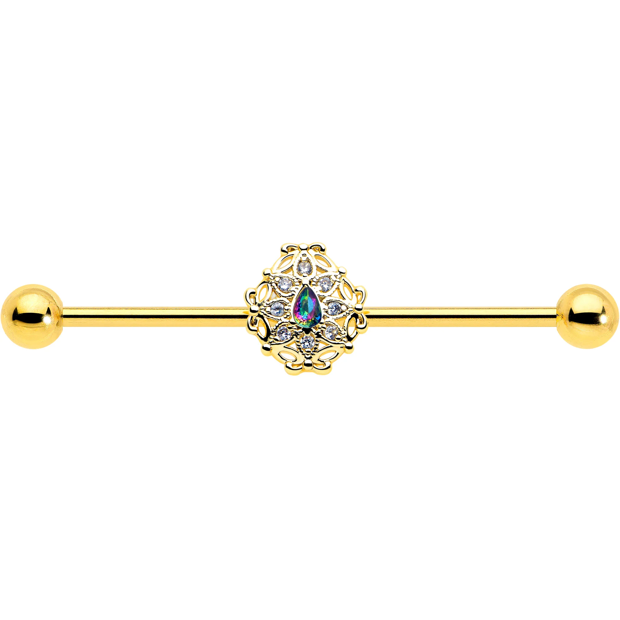 14G Vitrail Gem Gold Tone Blossom Bloom Industrial Barbell 38mm - Image 3