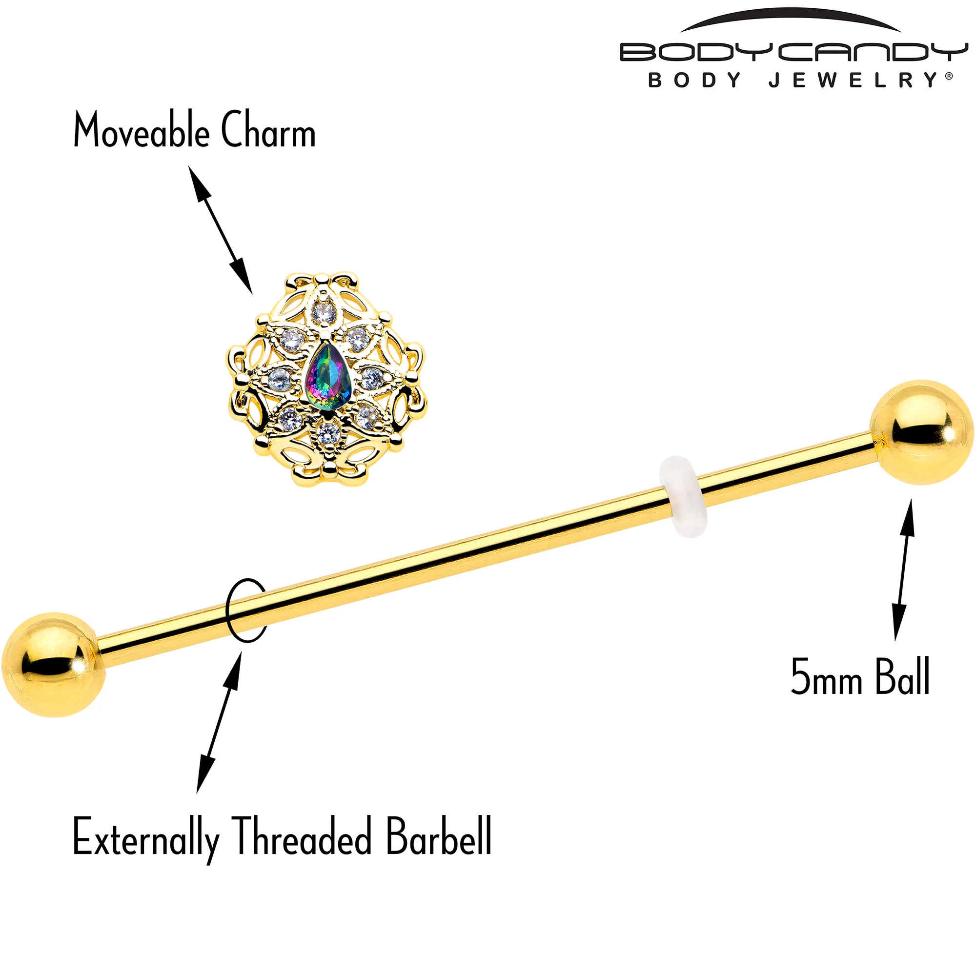 14G Vitrail Gem Gold Tone Blossom Bloom Industrial Barbell 38mm - Image 4