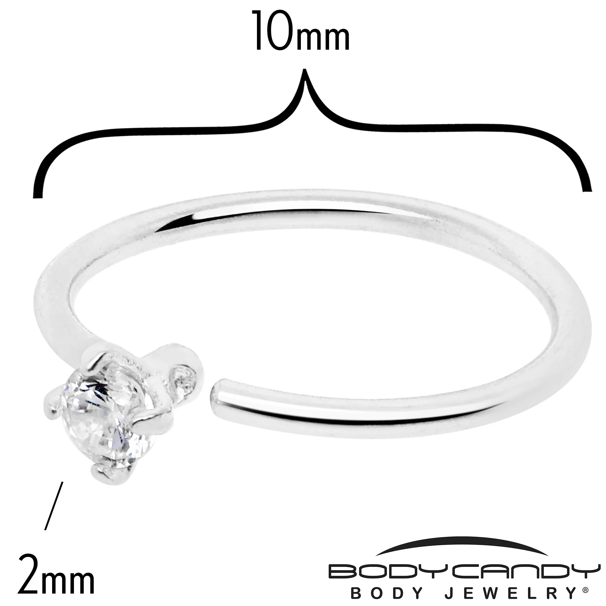 14k Solid White Gold Bendable Nose Hoop 22G 5/16 with 2mm CZ - Image 2