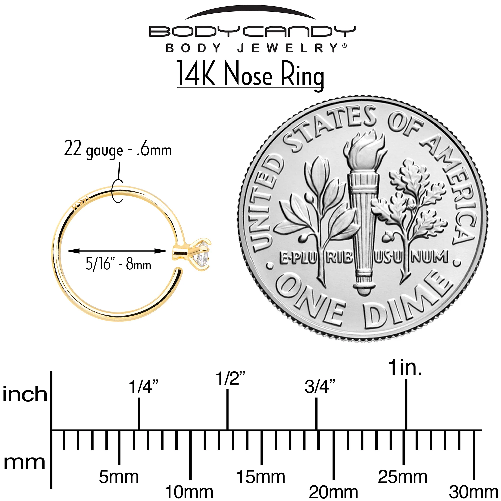 14k Solid Yellow Gold Bendable Nose Hoop 22G 5/16 with 2mm  CZ - Image 2