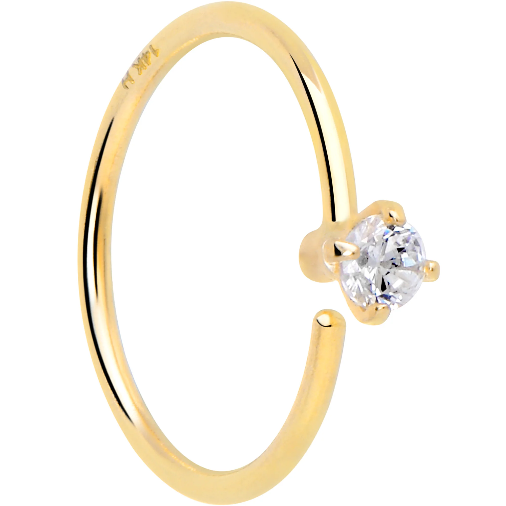 14k Solid Yellow Gold Bendable Nose Hoop 22G 5/16 with 2mm  CZ - Image 5