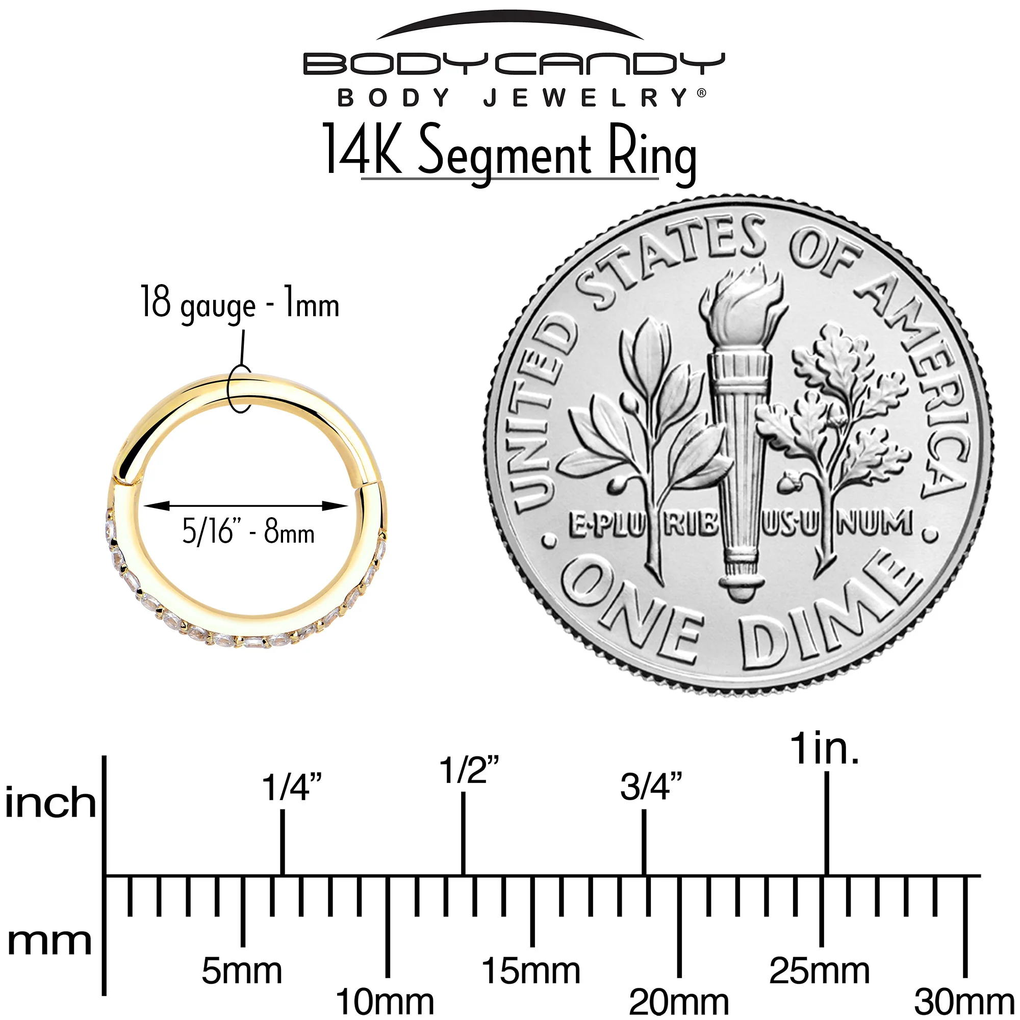 14k Solid Yellow Gold Hinged Segment Ring Forward Facing CZ 18G 5/16 - Image 6