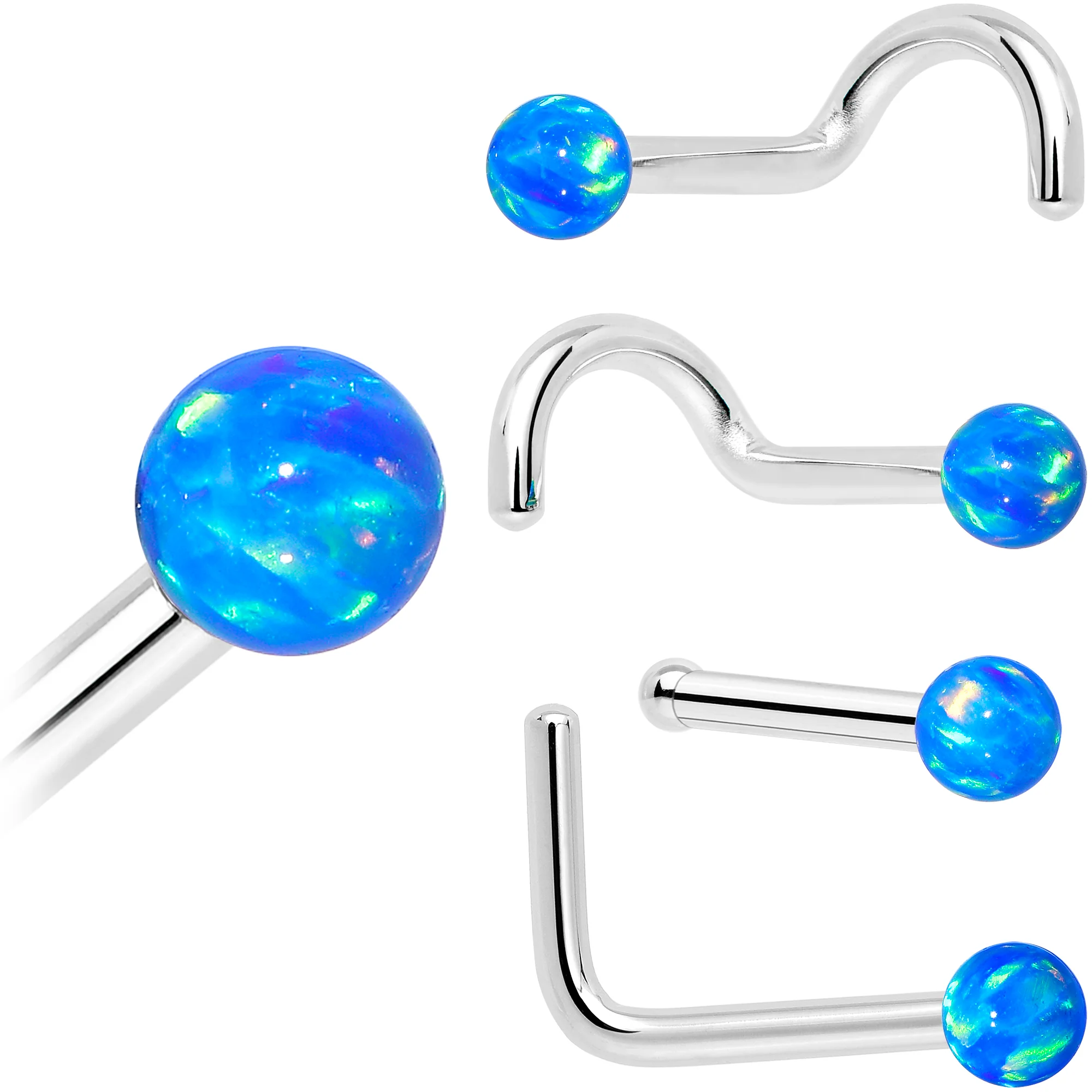 14k White Gold 2.5mm Blue Synthetic Opal Ball Nose Ring - Image 12
