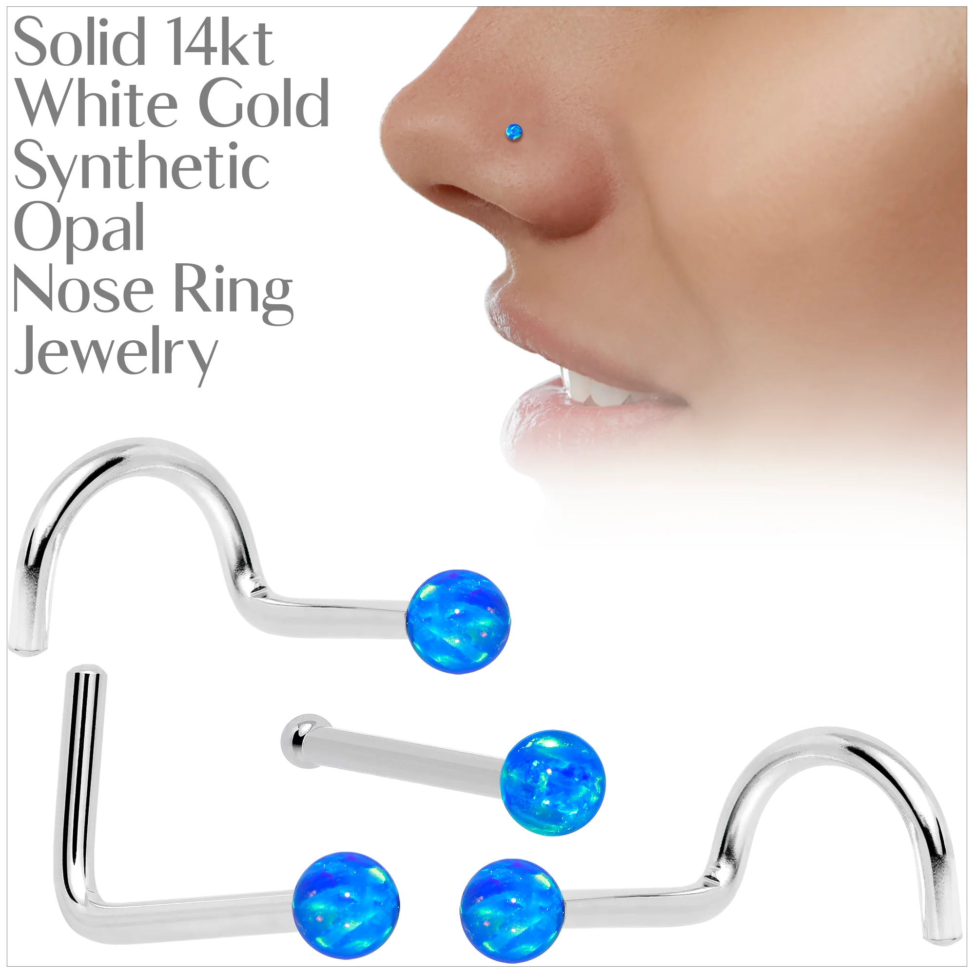 14k White Gold 2.5mm Blue Synthetic Opal Ball Nose Ring - Image 3
