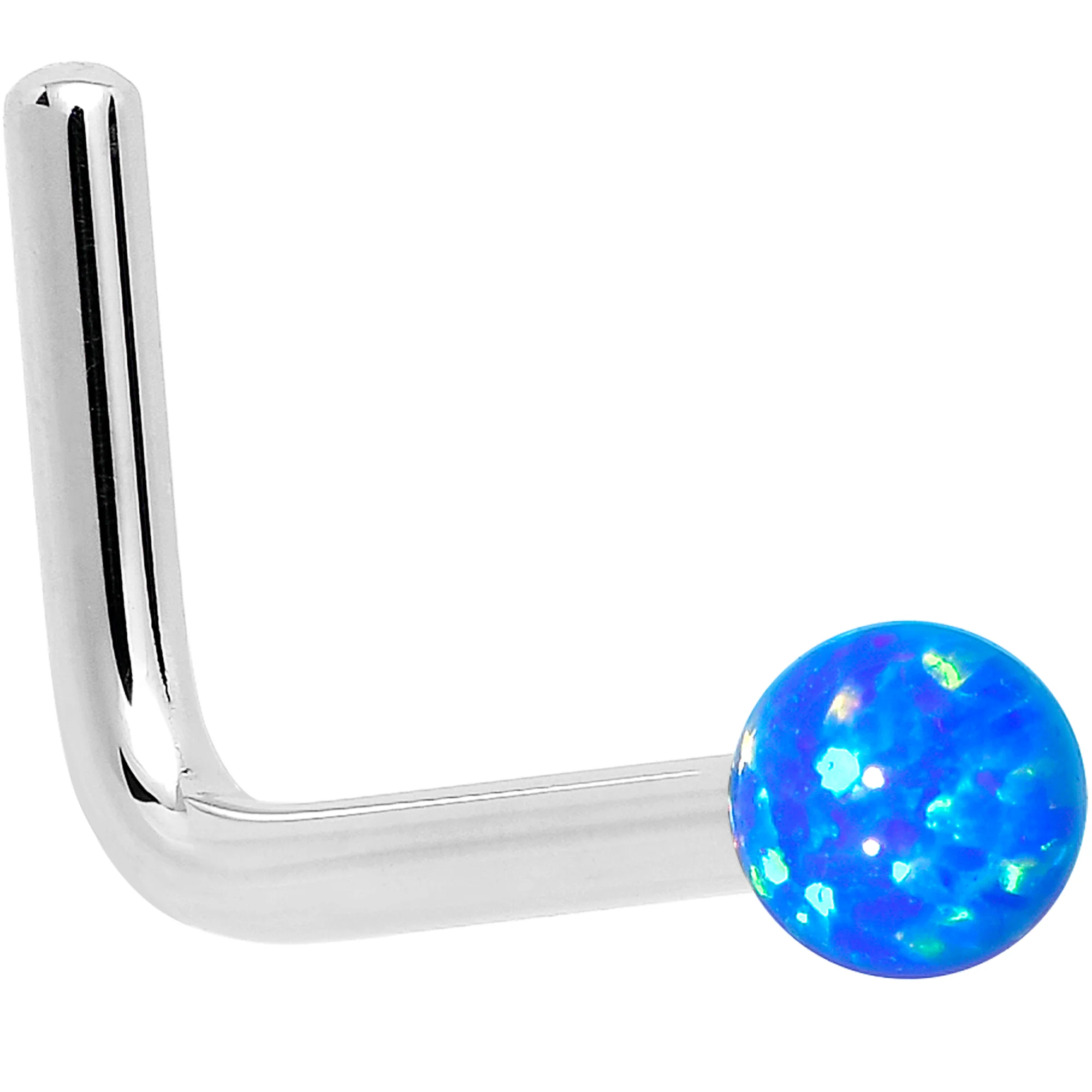 14k White Gold 2.5mm Blue Synthetic Opal Ball Nose Ring - Image 5
