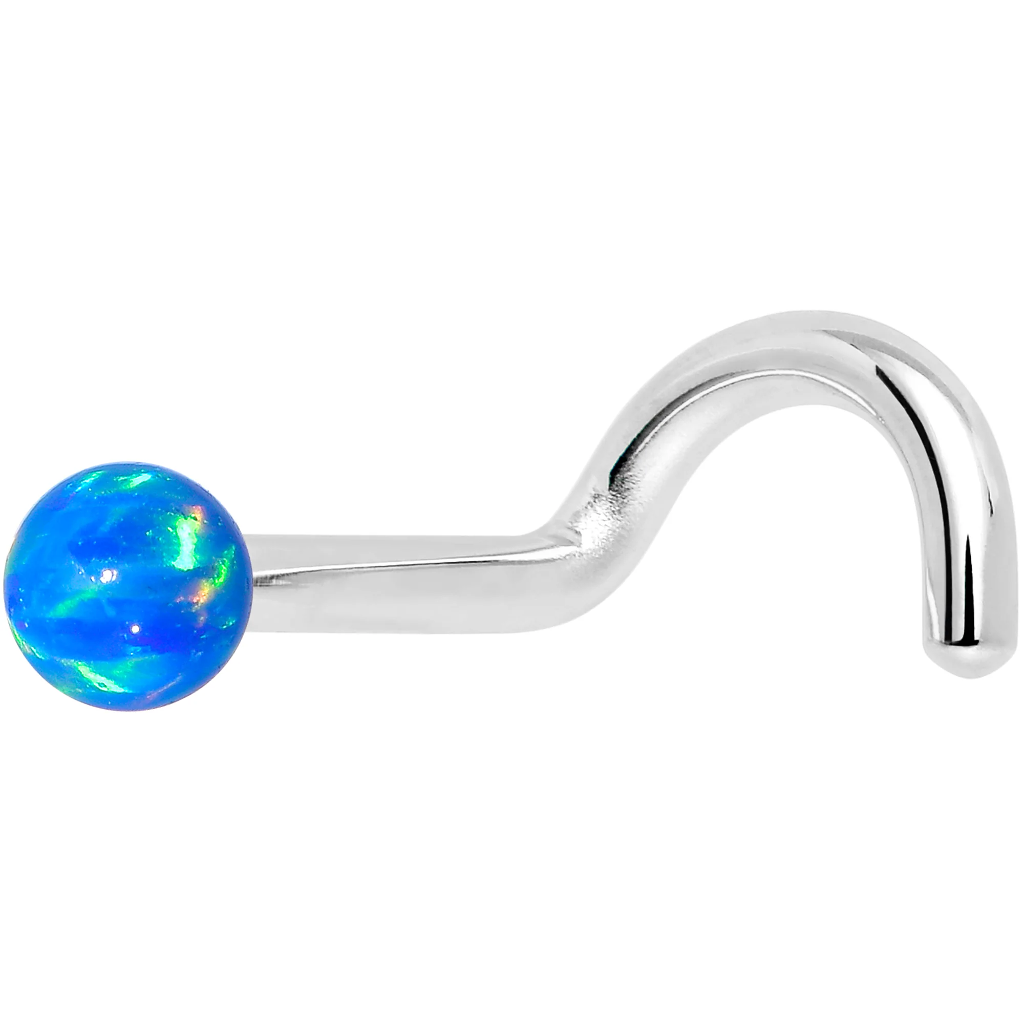 14k White Gold 2.5mm Blue Synthetic Opal Ball Nose Ring - Image 6