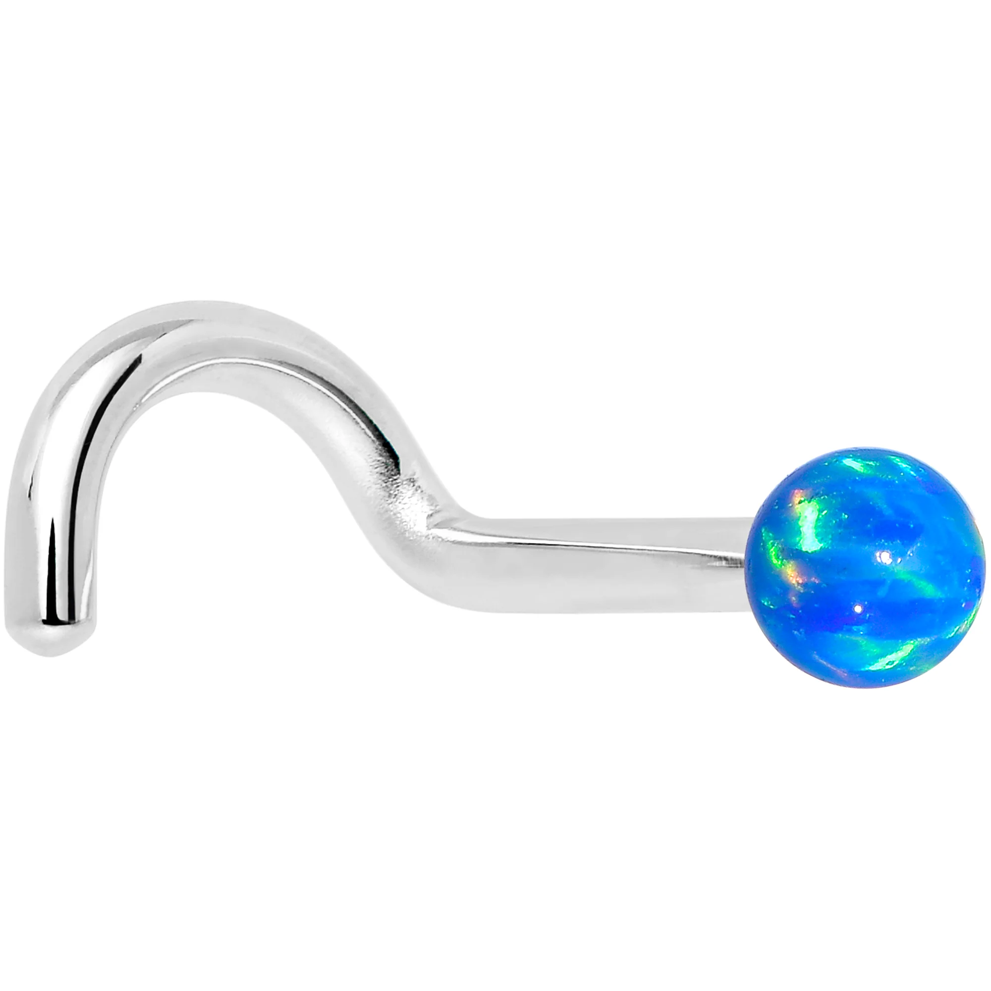 14k White Gold 2.5mm Blue Synthetic Opal Ball Nose Ring - Image 7