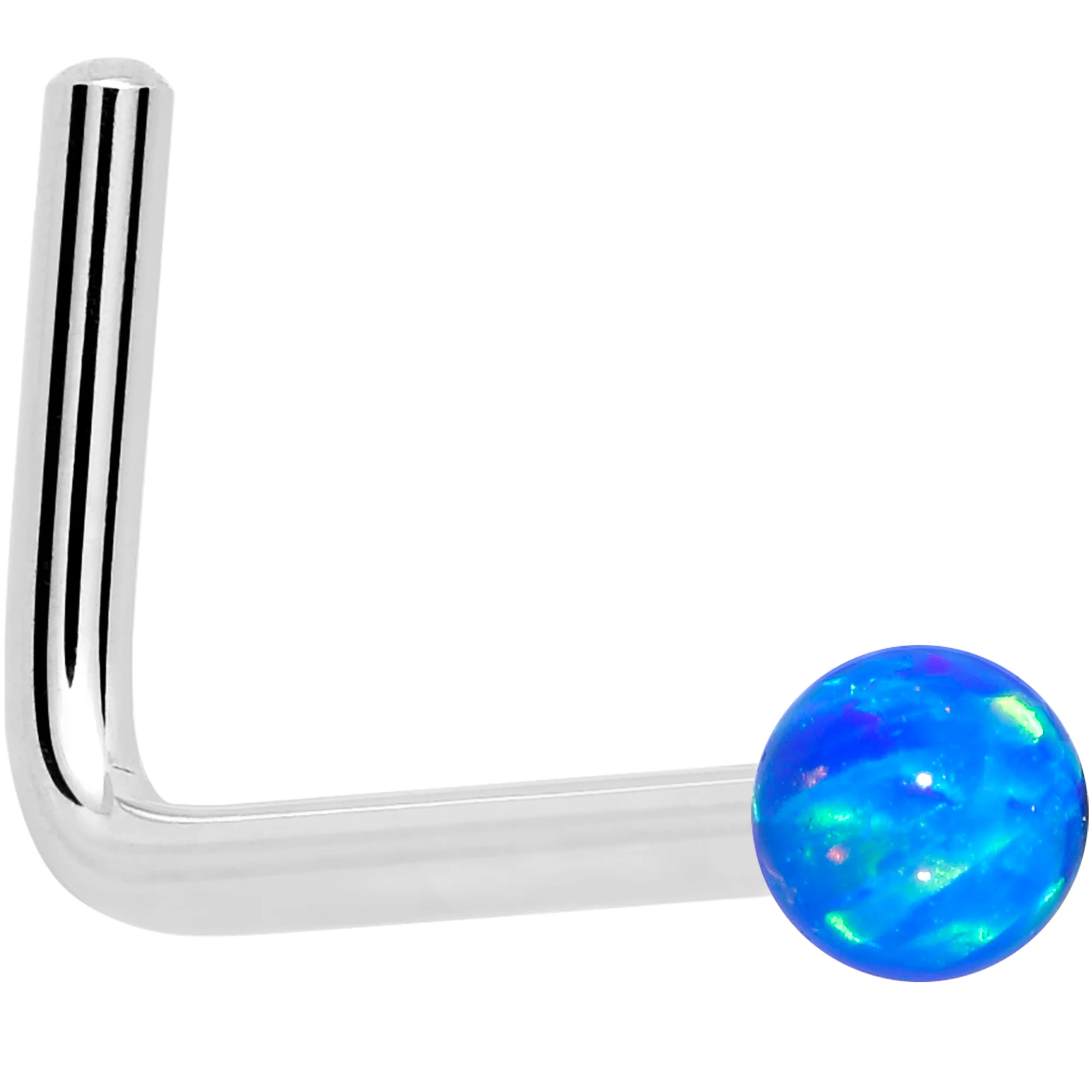 14k White Gold 2.5mm Blue Synthetic Opal Ball Nose Ring - Image 9