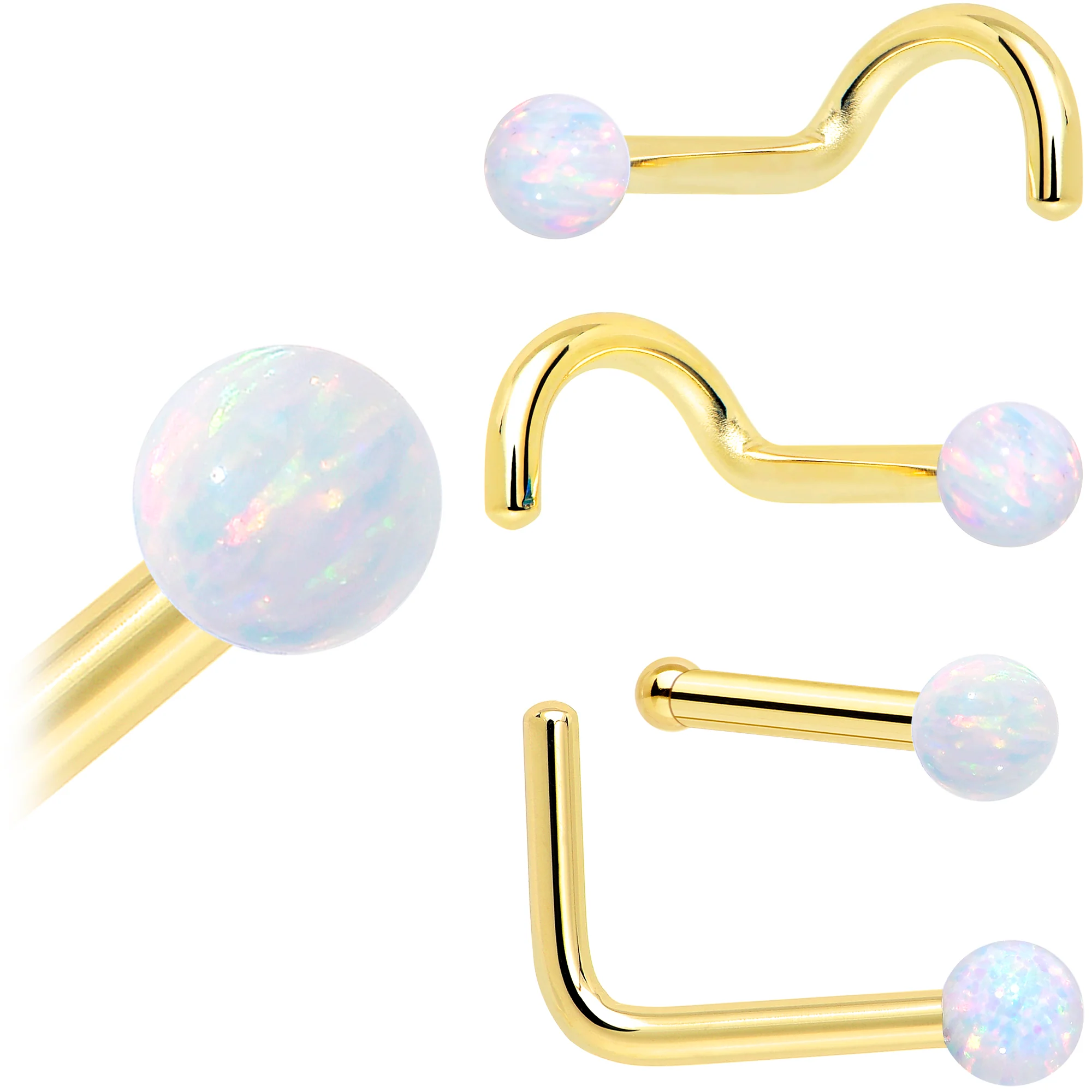 14k Yellow Gold 2.5mm Synthetic Opal Ball Nose Ring - Image 12