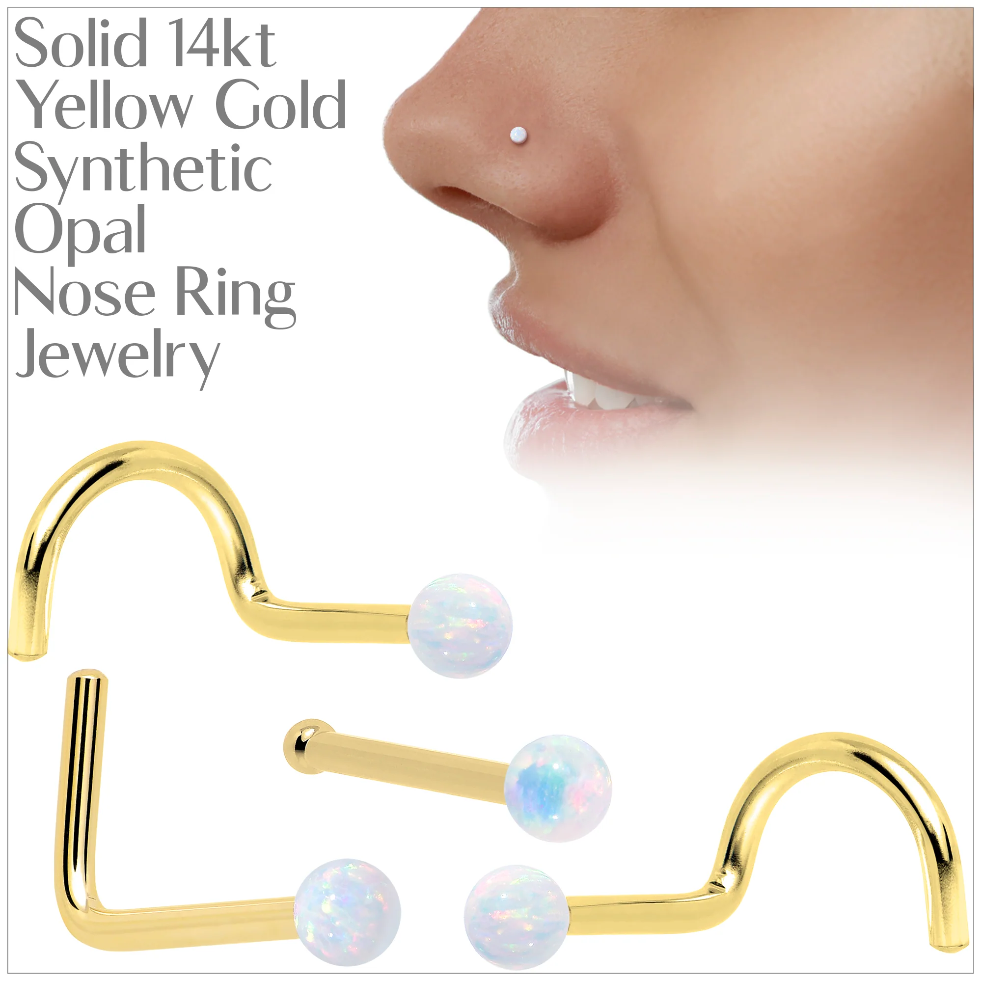 14k Yellow Gold 2.5mm Synthetic Opal Ball Nose Ring - Image 3