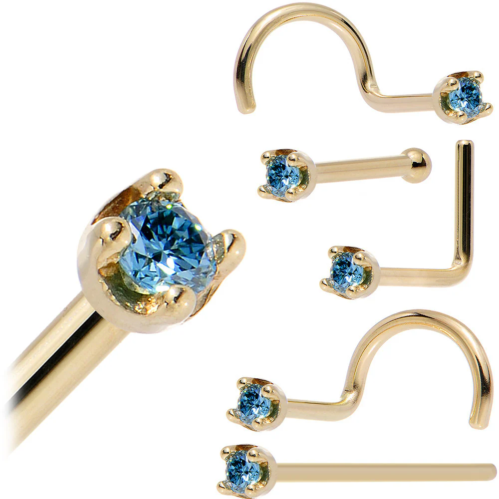 14k Yellow Gold 2mm Lab Grown Blue Diamond Nose Ring - Image 12
