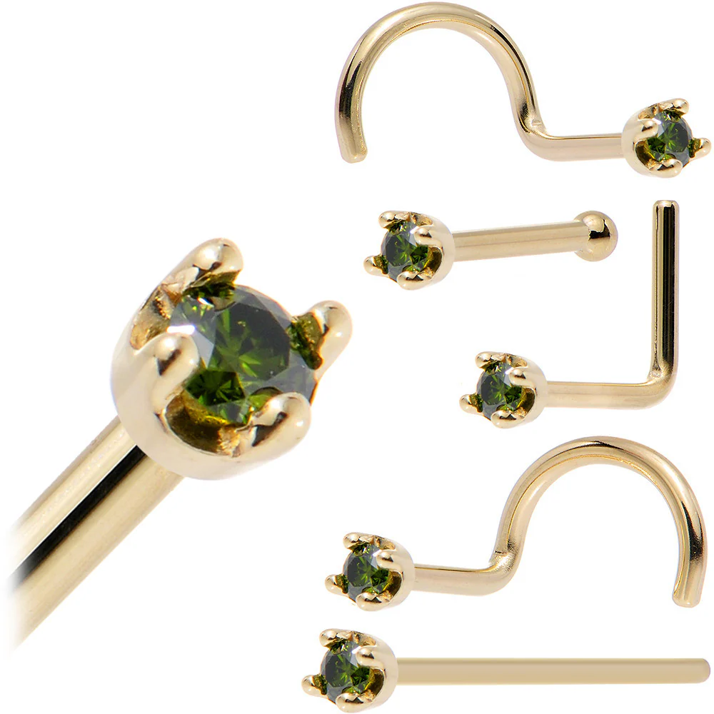 14k Yellow Gold 2mm Lab Grown Green Diamond Nose Ring - Image 12