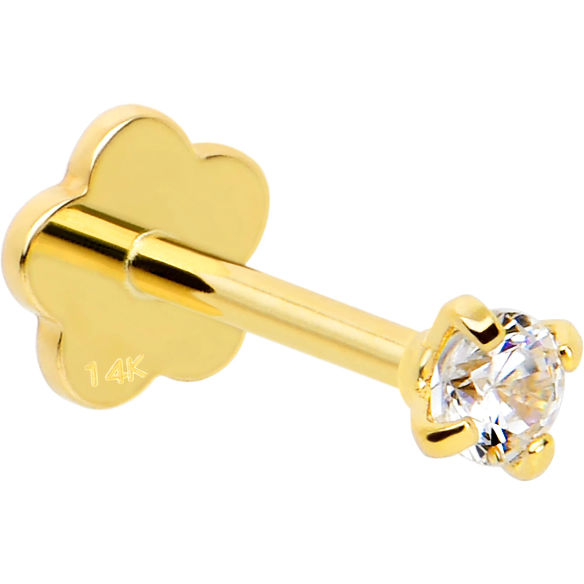 14k Yellow Gold Flat Back Earring 20G 2mm CZ Floral Reversible - Image 3