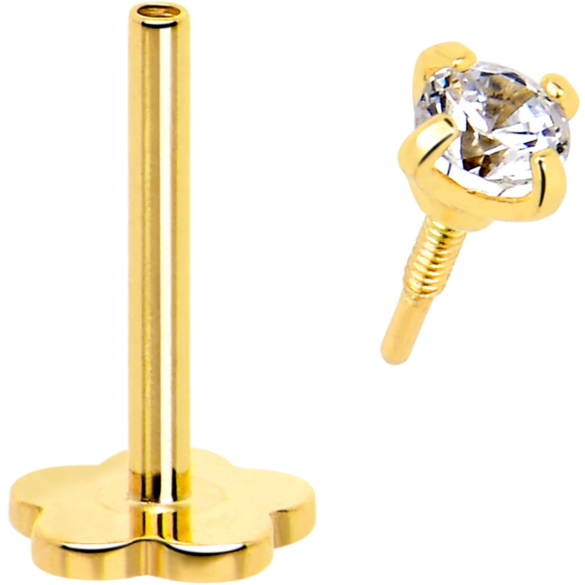 14k Yellow Gold Flat Back Earring 20G 2mm CZ Floral Reversible - Image 4