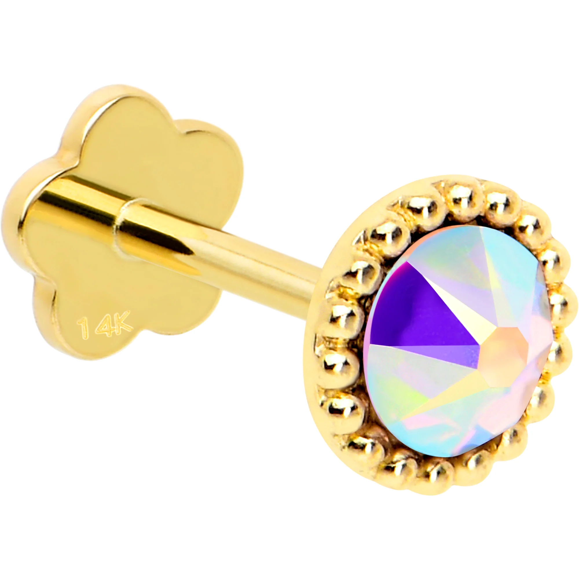 14k Yellow Gold Flat Back Earring 20G 3mm Aurora CZ Floral Reversible - Image 3