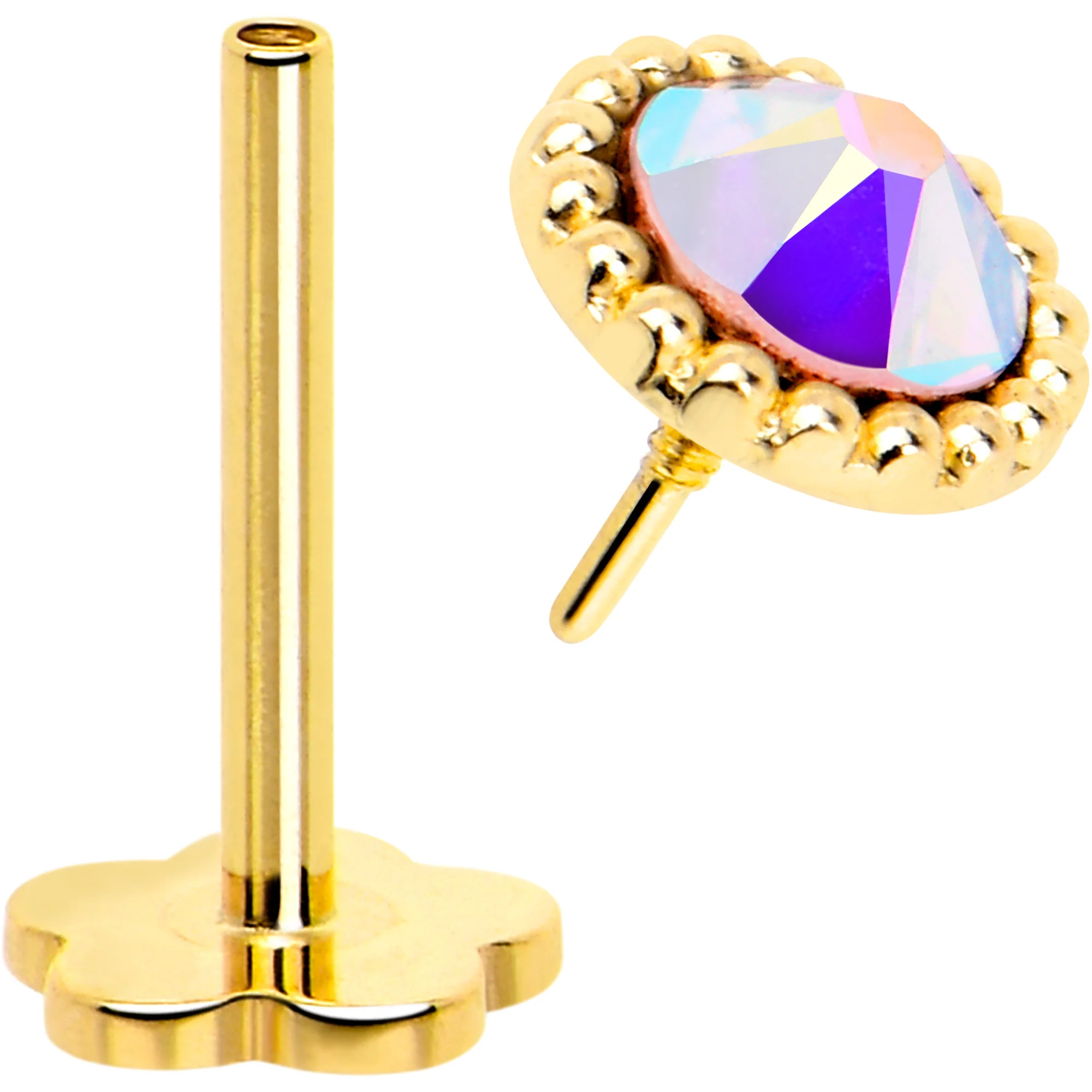 14k Yellow Gold Flat Back Earring 20G 3mm Aurora CZ Floral Reversible - Image 4