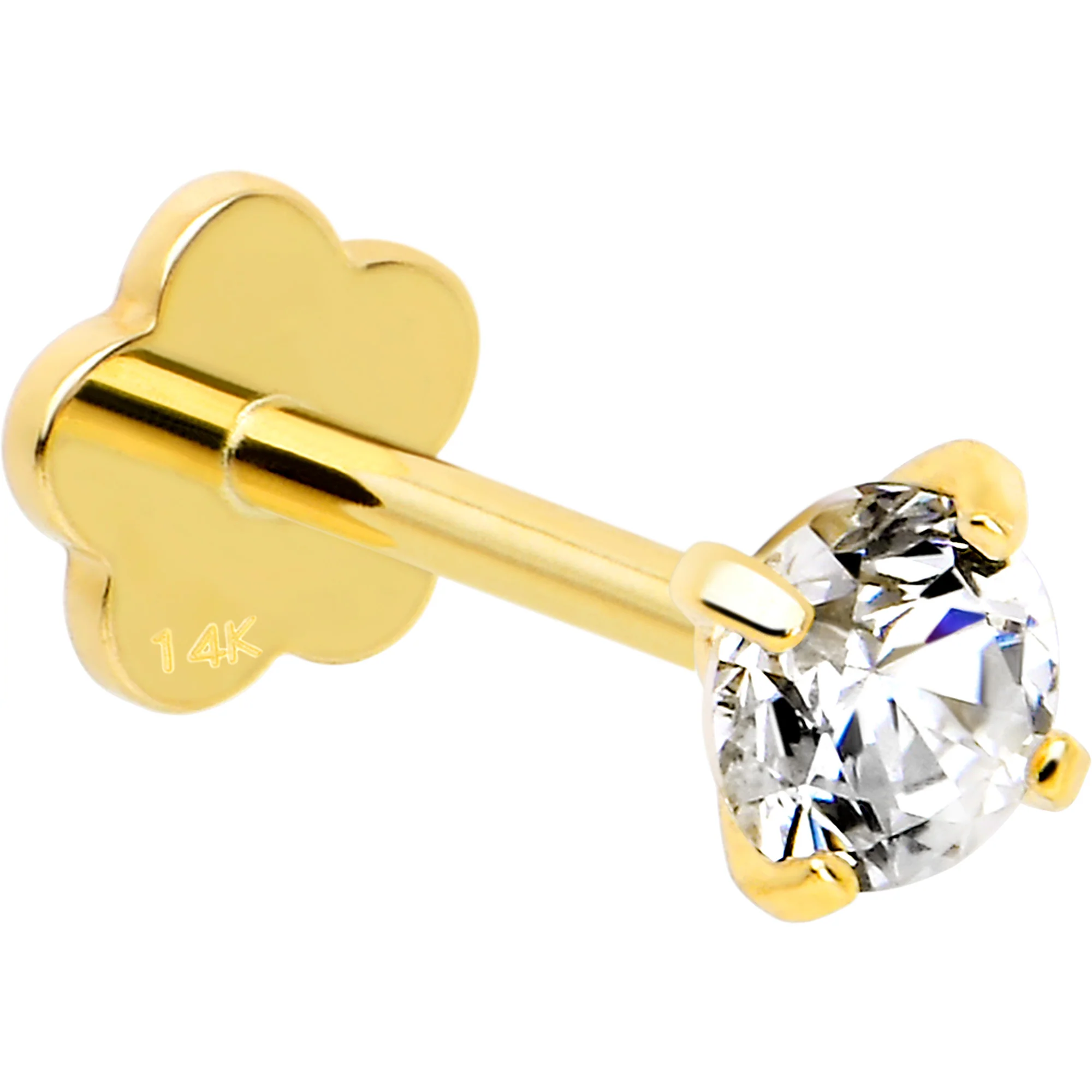 14k Yellow Gold Flat Back Earring 20G 3mm CZ Floral Reversible - Image 3