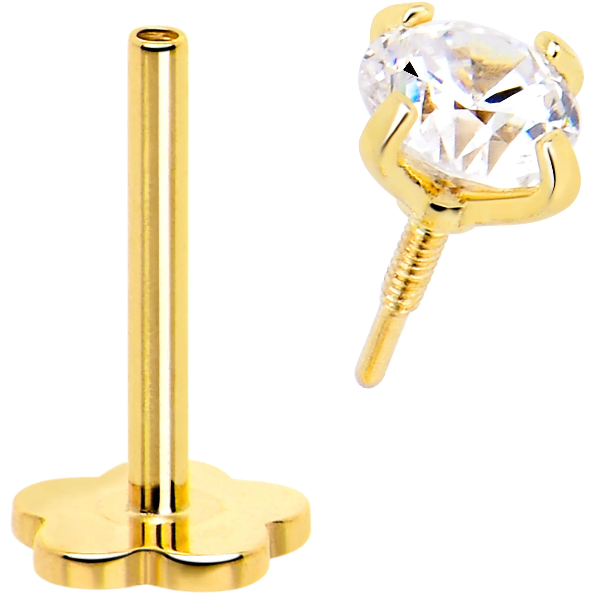 14k Yellow Gold Flat Back Earring 20G 3mm CZ Floral Reversible - Image 4