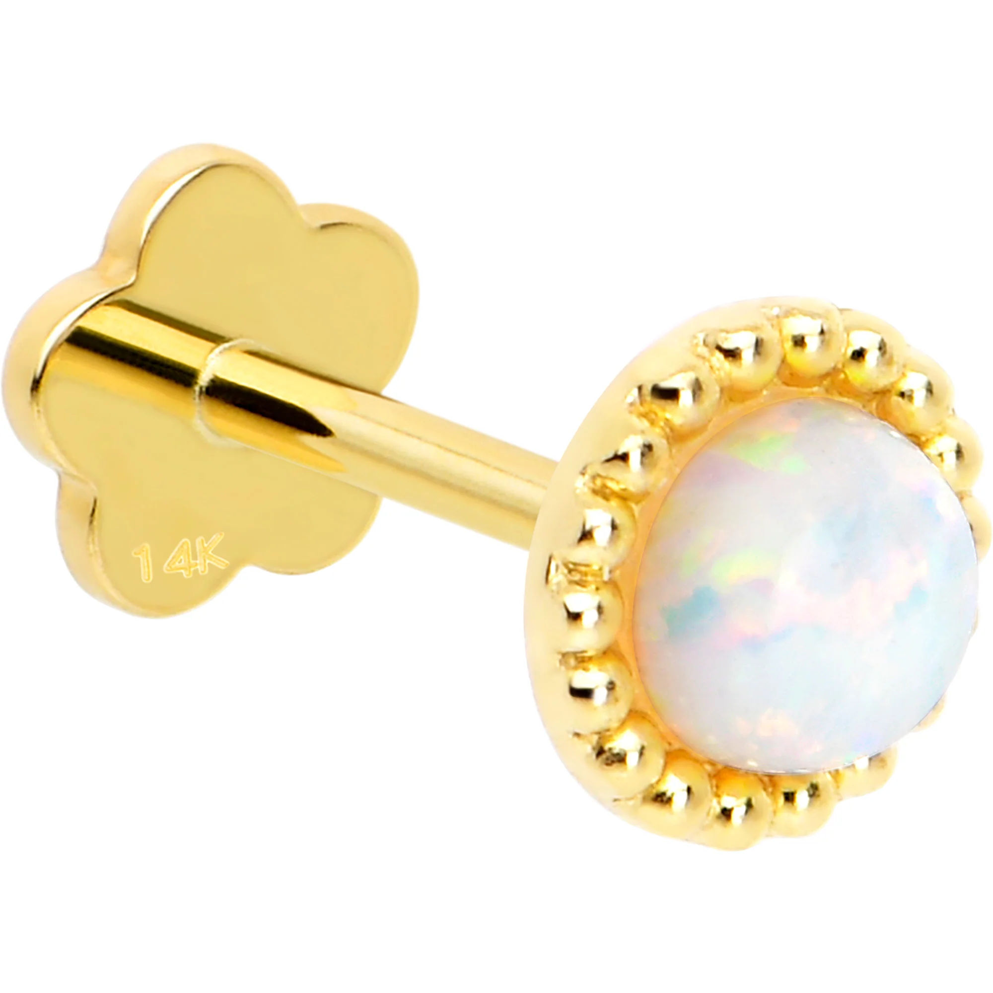 14k Yellow Gold Flat Back Earring 20G 3mm Synthetic Opal Floral Reversible - Image 3
