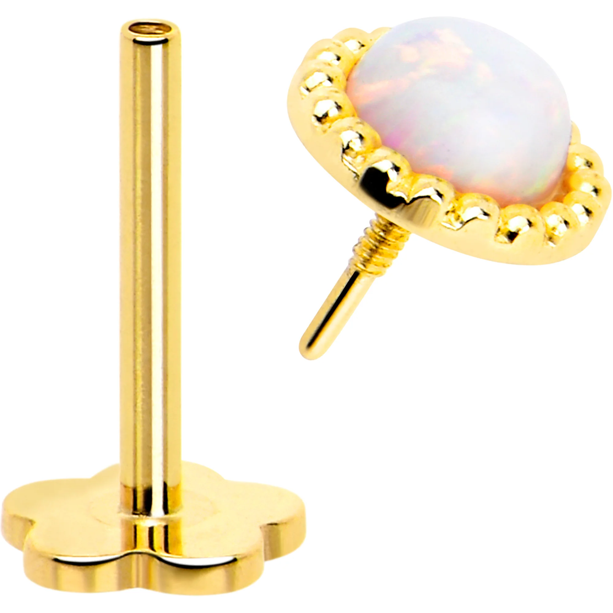 14k Yellow Gold Flat Back Earring 20G 3mm Synthetic Opal Floral Reversible - Image 4