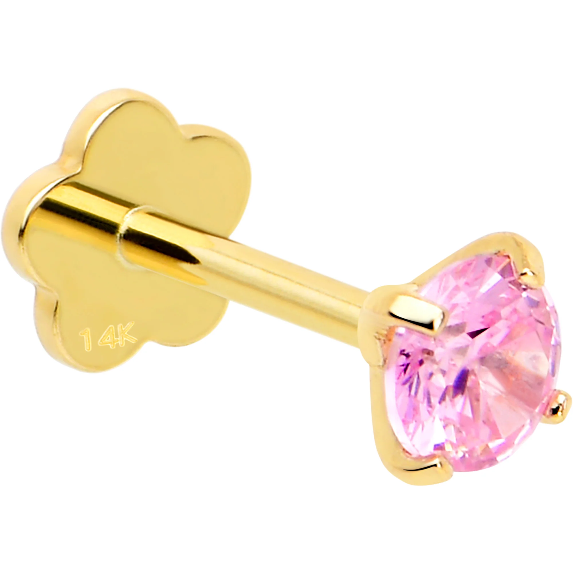 14k Yellow Gold Flat Back Earring 20G 4mm Pink CZ Floral Reversible - Image 3