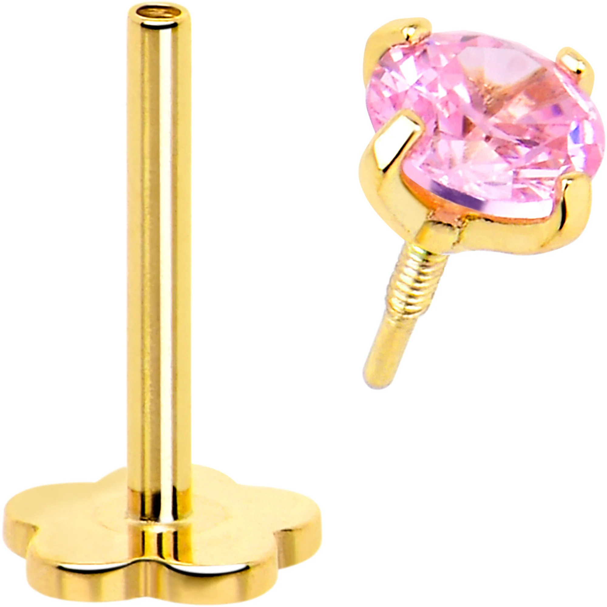 14k Yellow Gold Flat Back Earring 20G 4mm Pink CZ Floral Reversible - Image 4