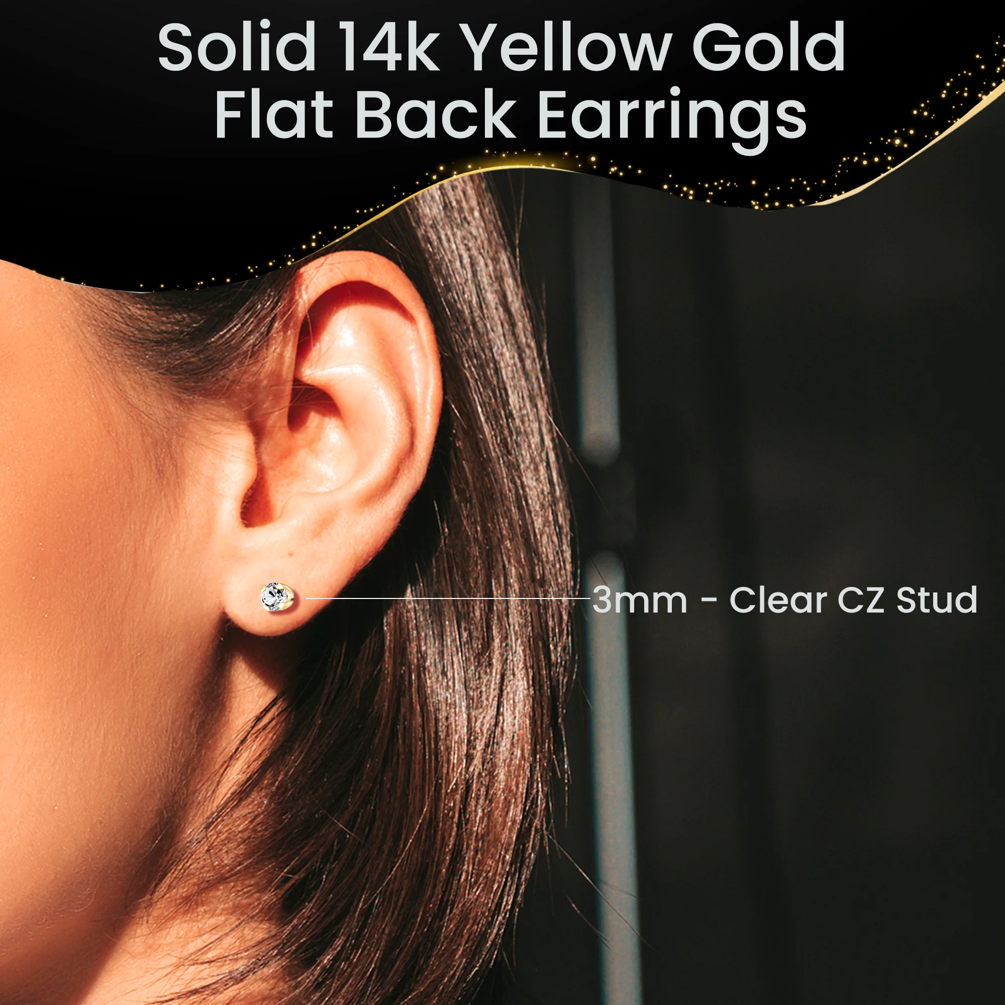 14k Yellow Gold Flat Back Earring with 3mm Cubic Zirconia Handmade - Image 5