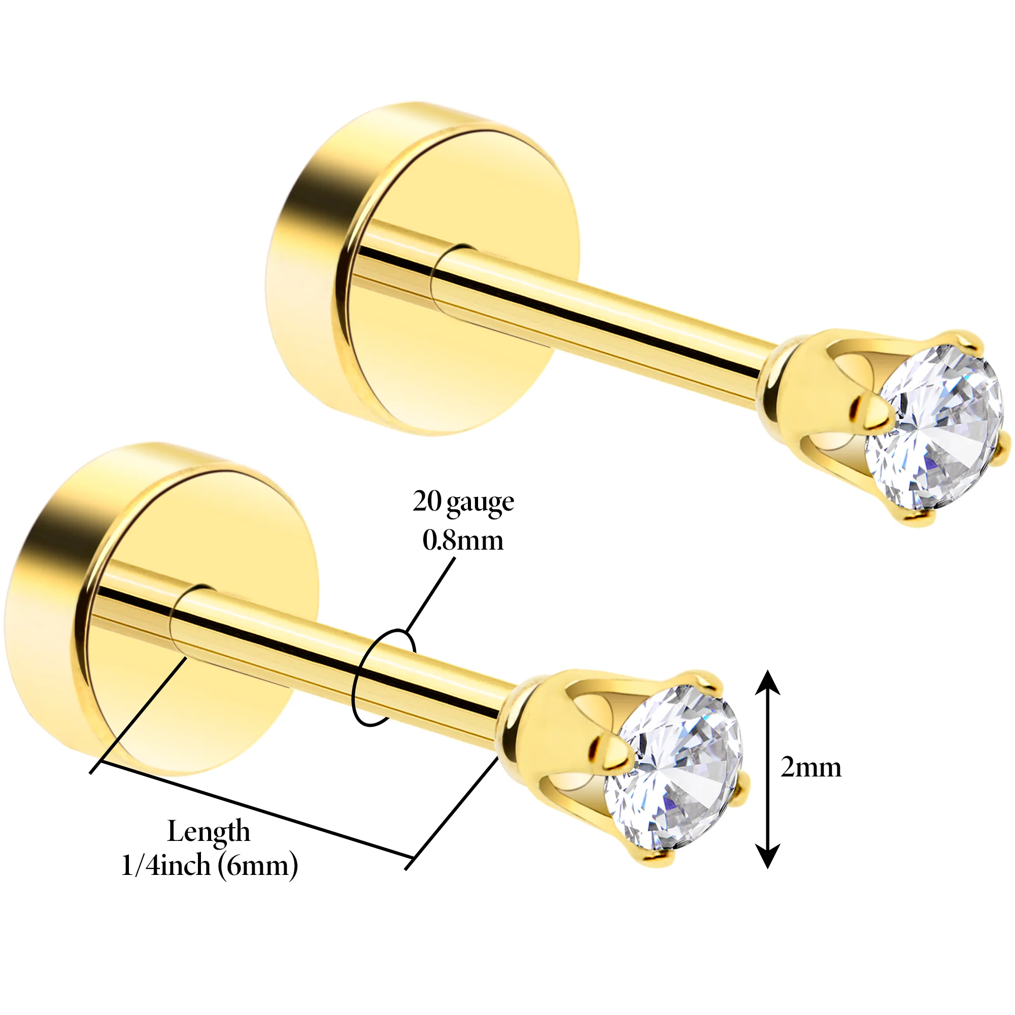 14k Yellow Gold Plated 2mm CZ Flat Back Stud Earrings - 1 Pair - Image 2