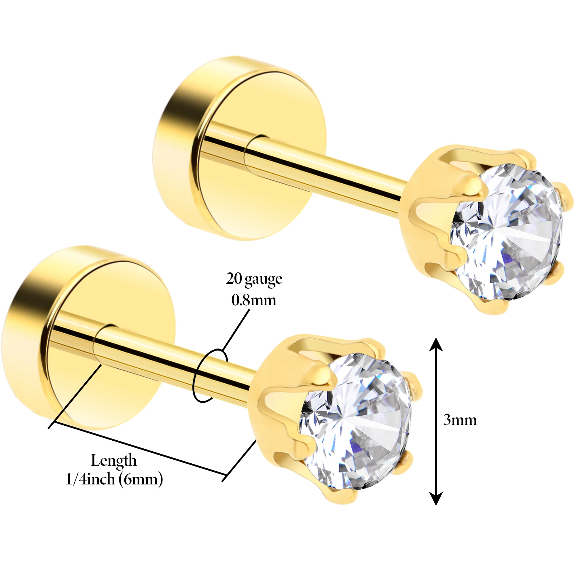 14k Yellow Gold Plated 3mm CZ Flat Back Stud Earrings - 1 Pair - Image 2