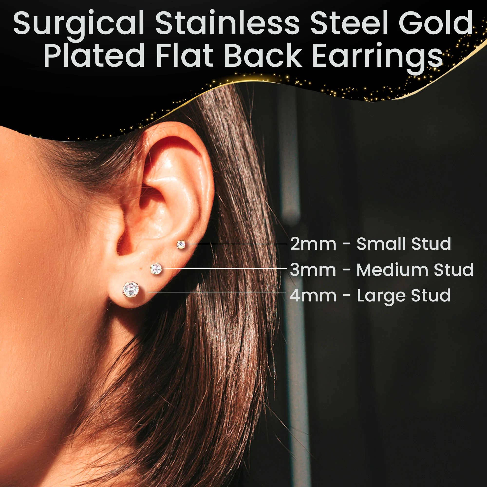 14k Yellow Gold Plated 3mm CZ Flat Back Stud Earrings - 1 Pair - Image 3