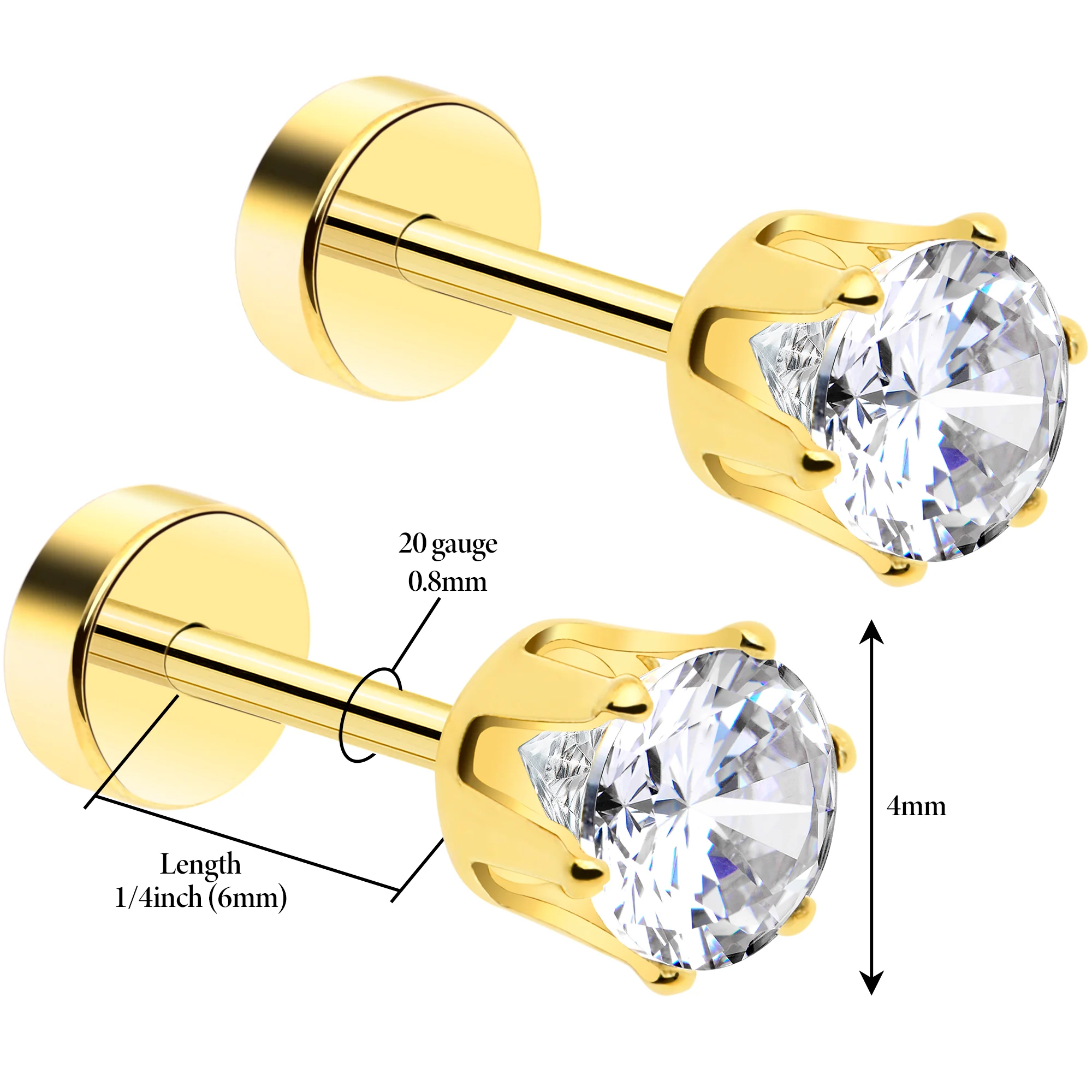 14k Yellow Gold Plated 4mm CZ Flat Back Stud Earrings - 1 Pair - Image 2