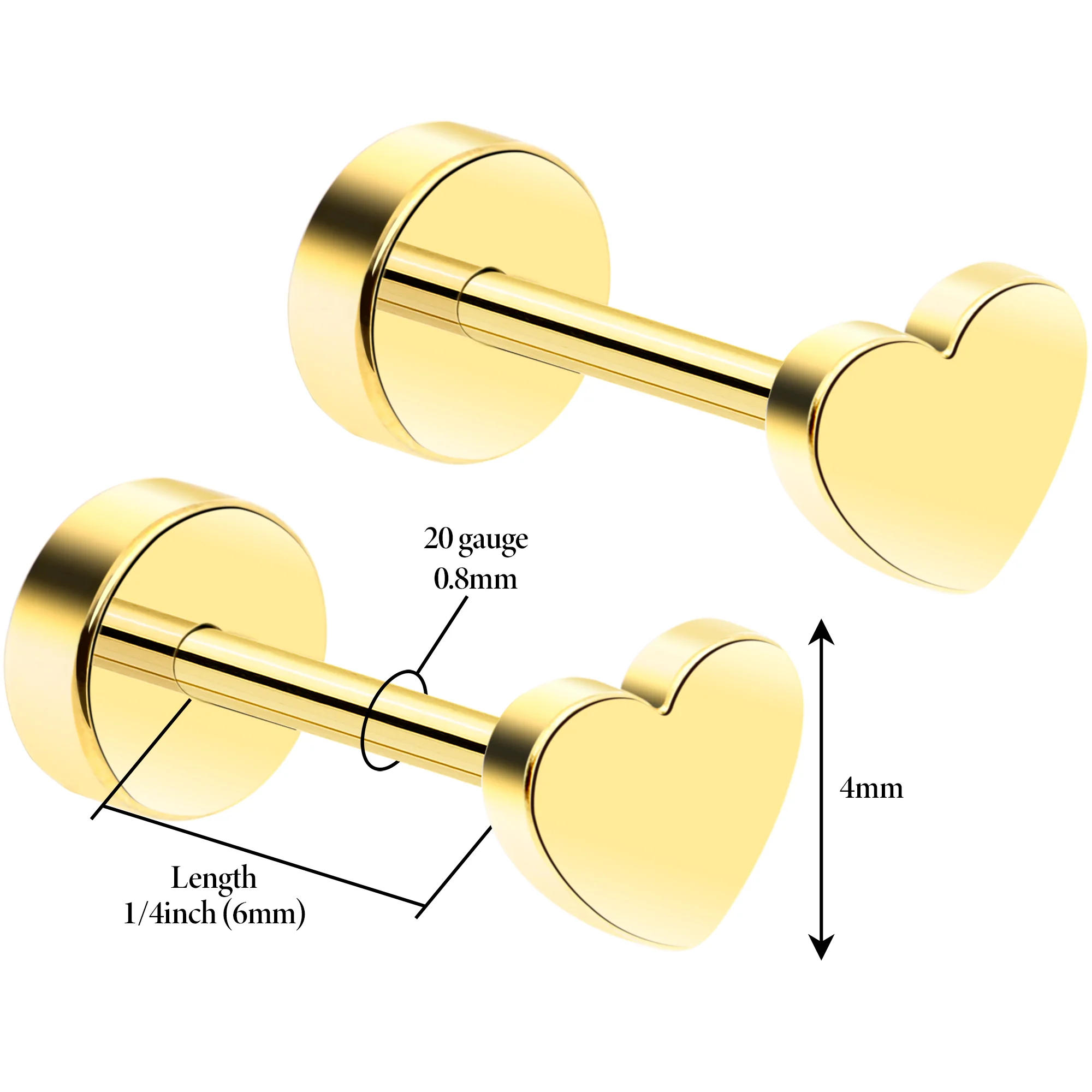 14k Yellow Gold Plated 4mm Heart Flat Back Stud Earrings - 1 Pair - Image 2