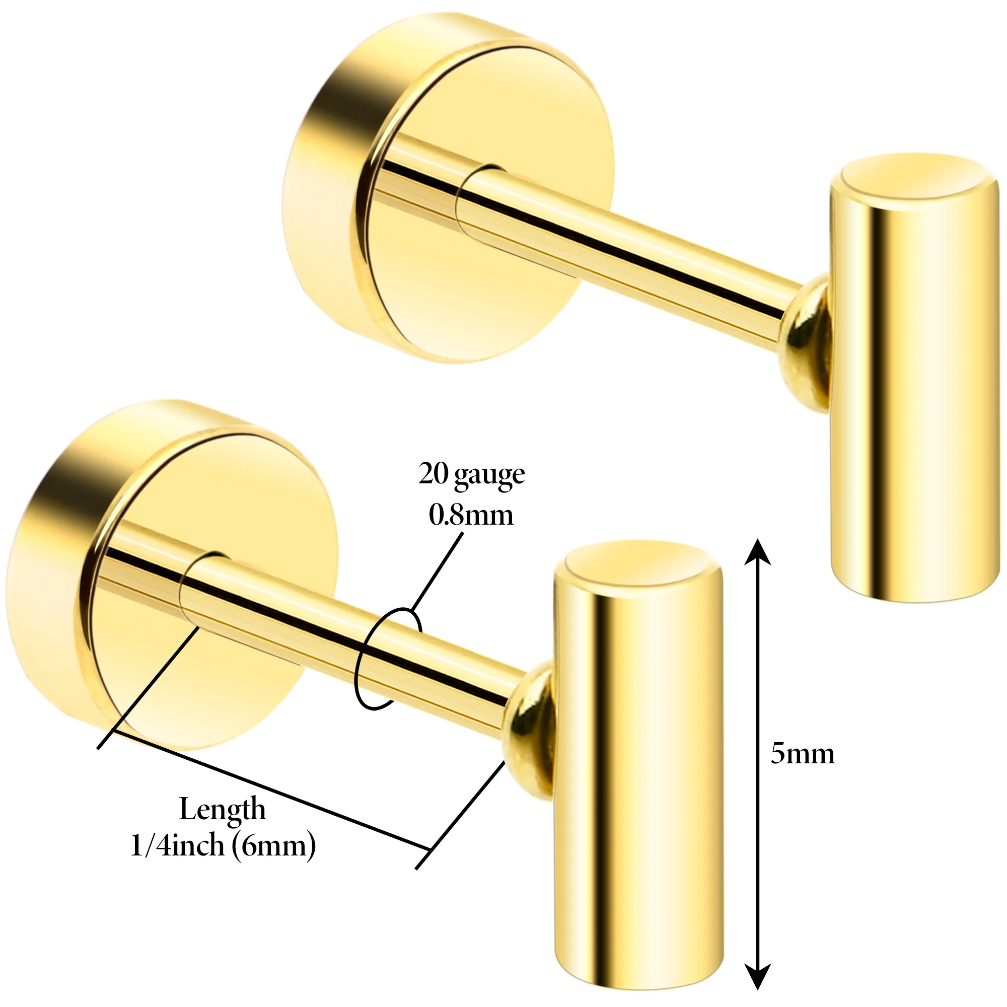 14k Yellow Gold Plated Straight Barbell Ball Flat Back Stud Earrings - 1 Pair - Image 2
