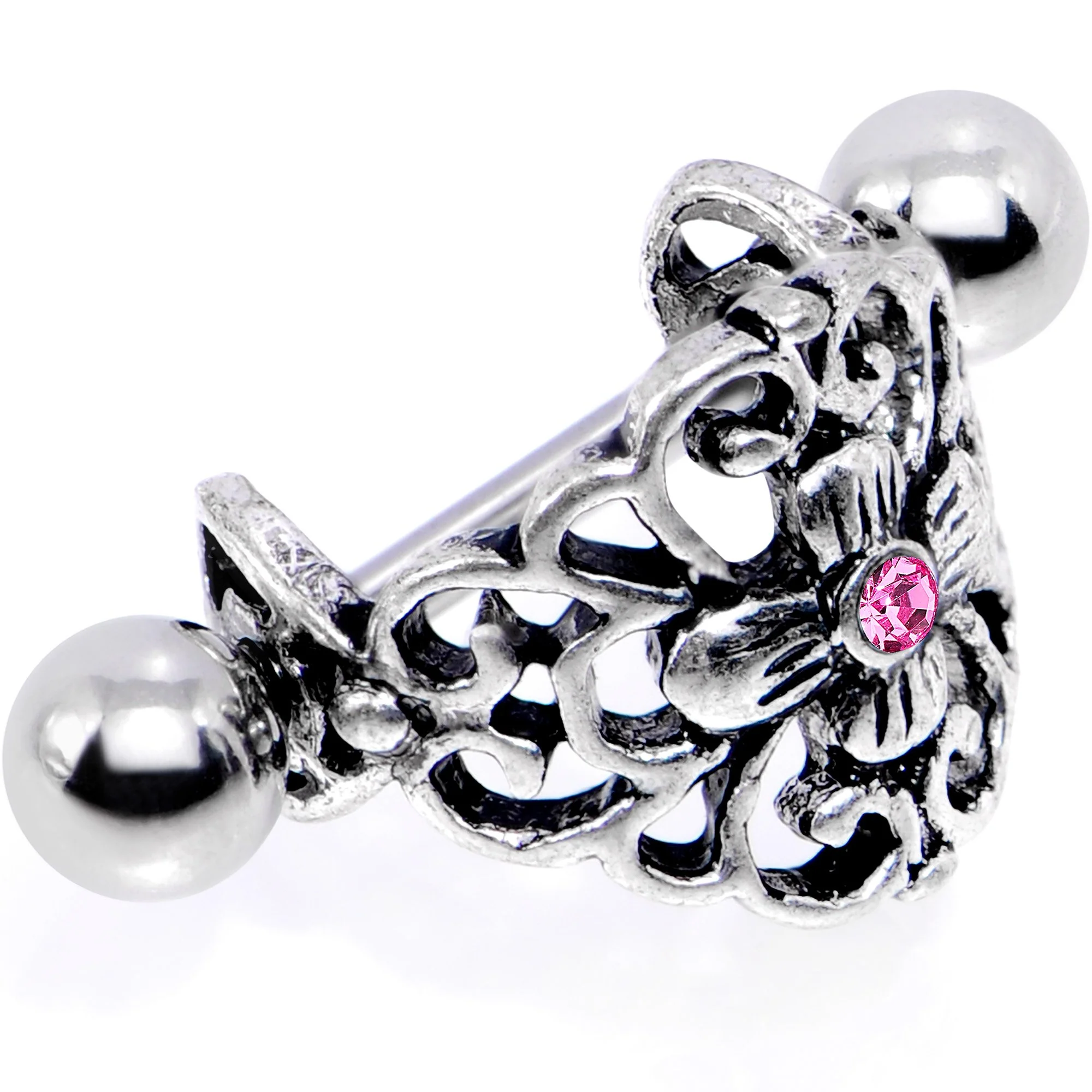 16G 1/2 Pink Gem Filigree Floral Cuff Cartilage Earring