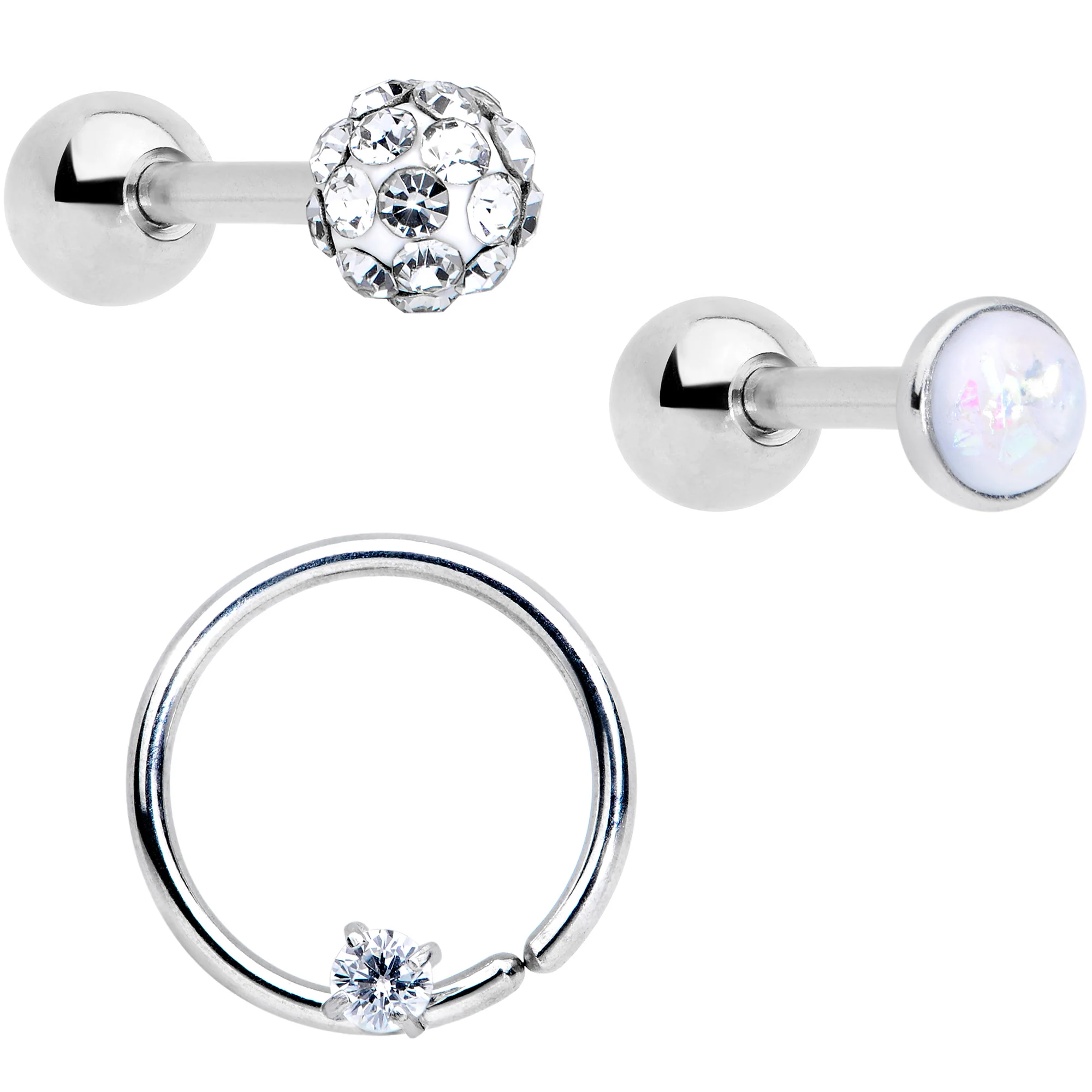 16G 1/4 5/16 Clear CZ Gem Cartilage Tragus Earring Set of 3