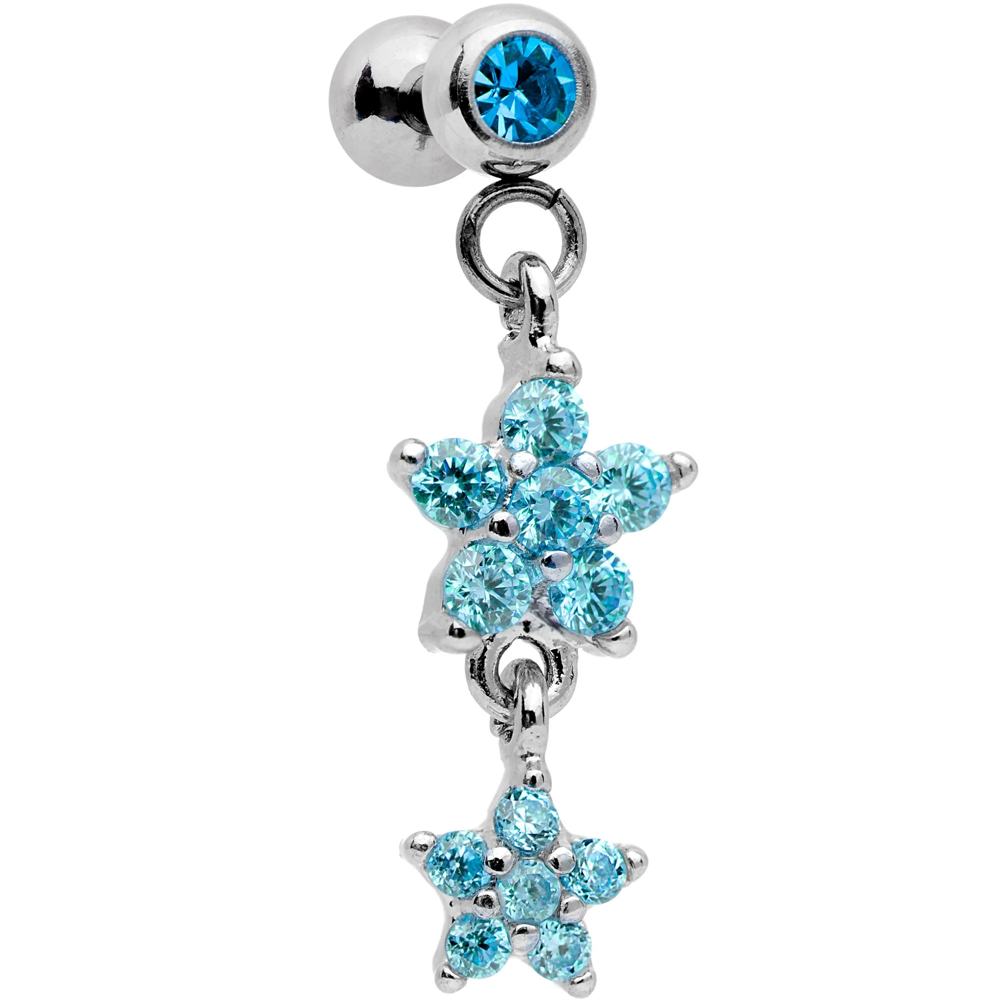 16G 1/4 Aqua Gem Double Star Dangle Cartilage Tragus Earring - Image 2